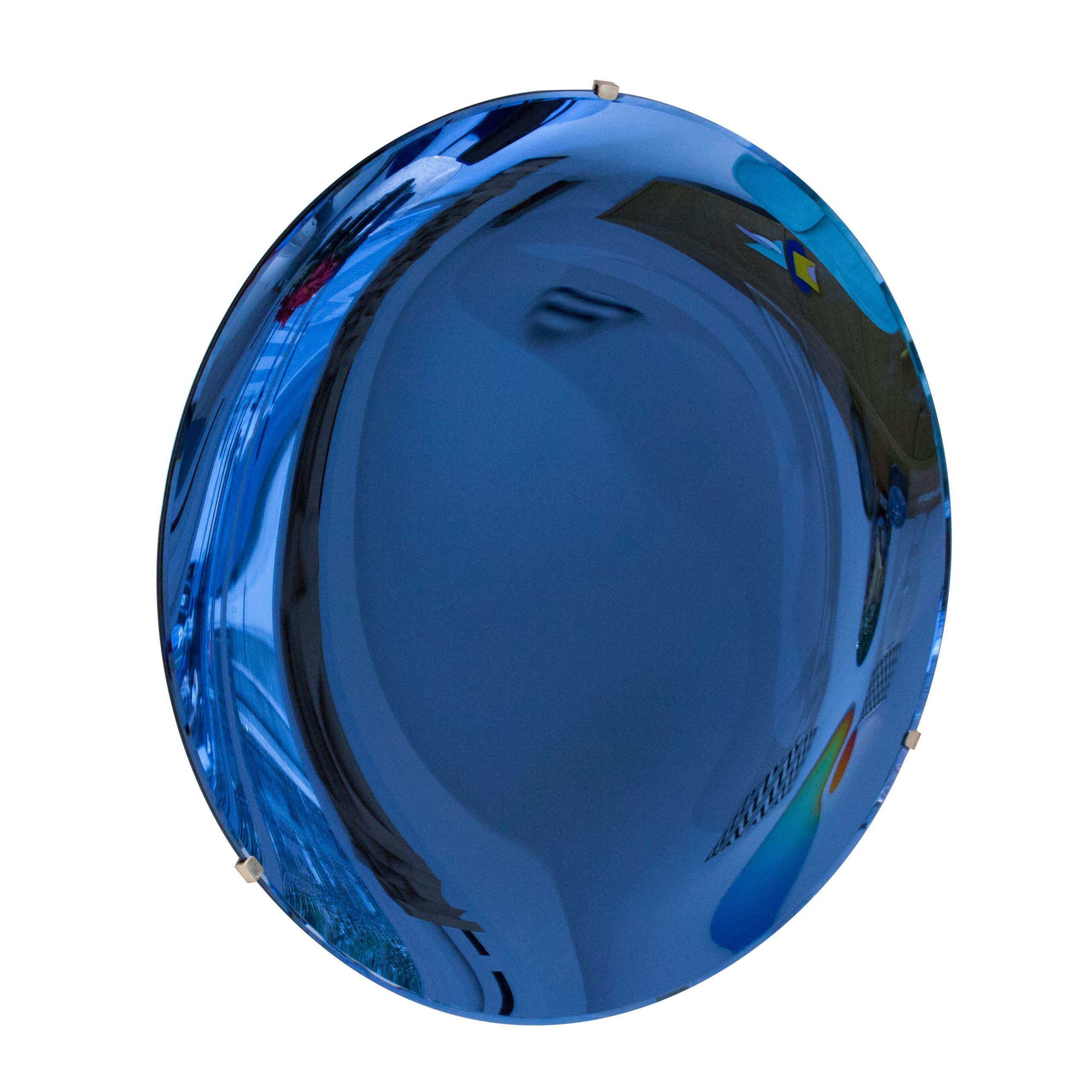 Hand-crafted blue Murano glass concave mirror with bevel edge and brass back structure for hanging on the wall.