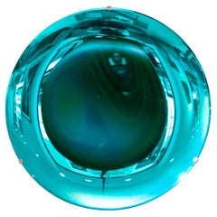 Petit miroir rond italien bleu concave en verre de Murano fabriqué à la main, Italie, 2022