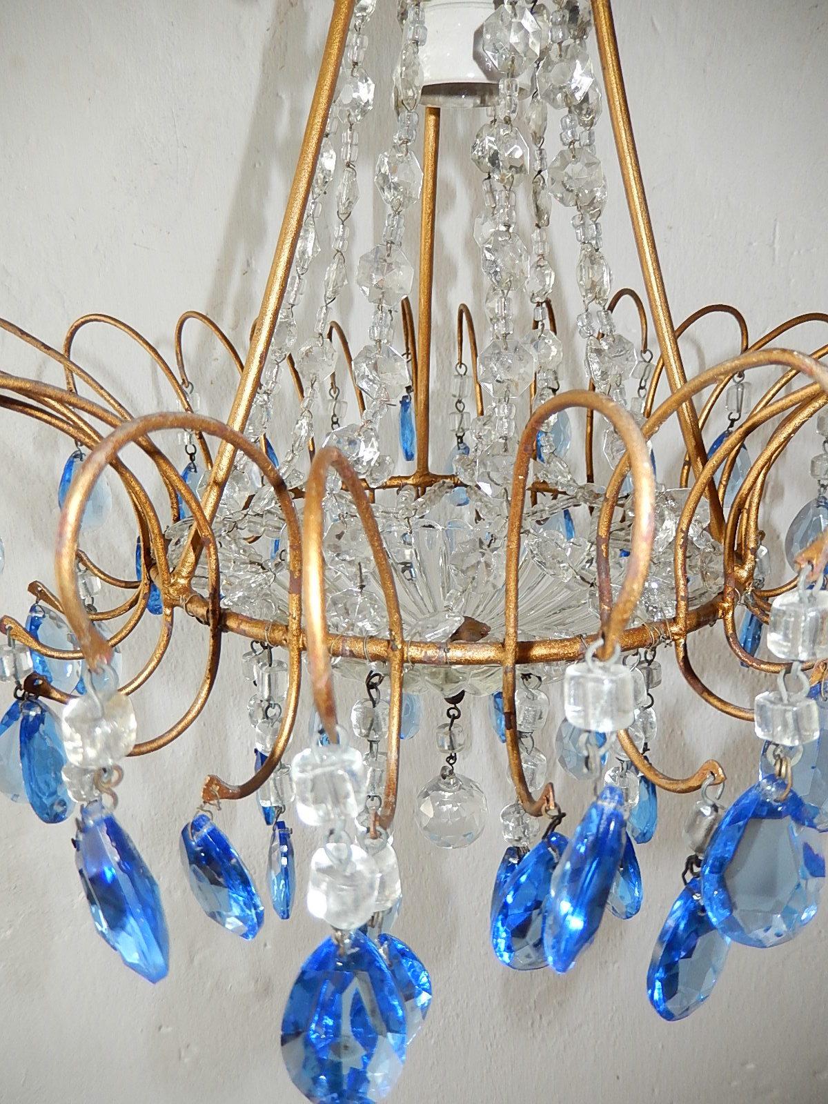 Early 20th Century Italian Blue Crystal Prisms with Flowers Chandelier, circa 1920