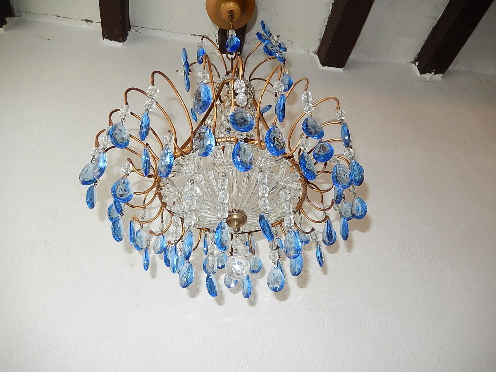 Murano Glass Italian Blue Crystal Prisms with Flowers Chandelier, circa 1920