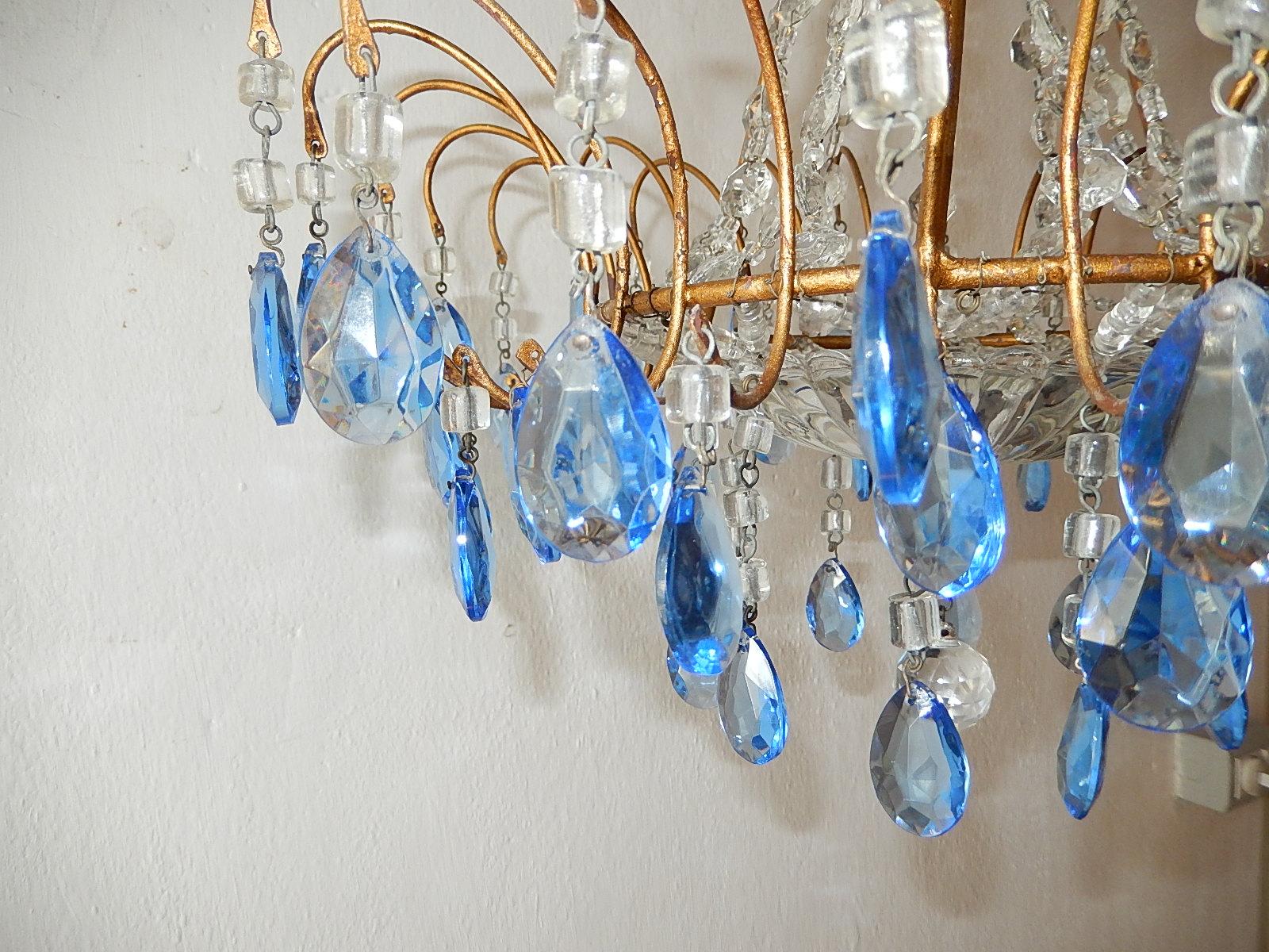 Italian Blue Crystal Prisms with Flowers Chandelier, circa 1920 1