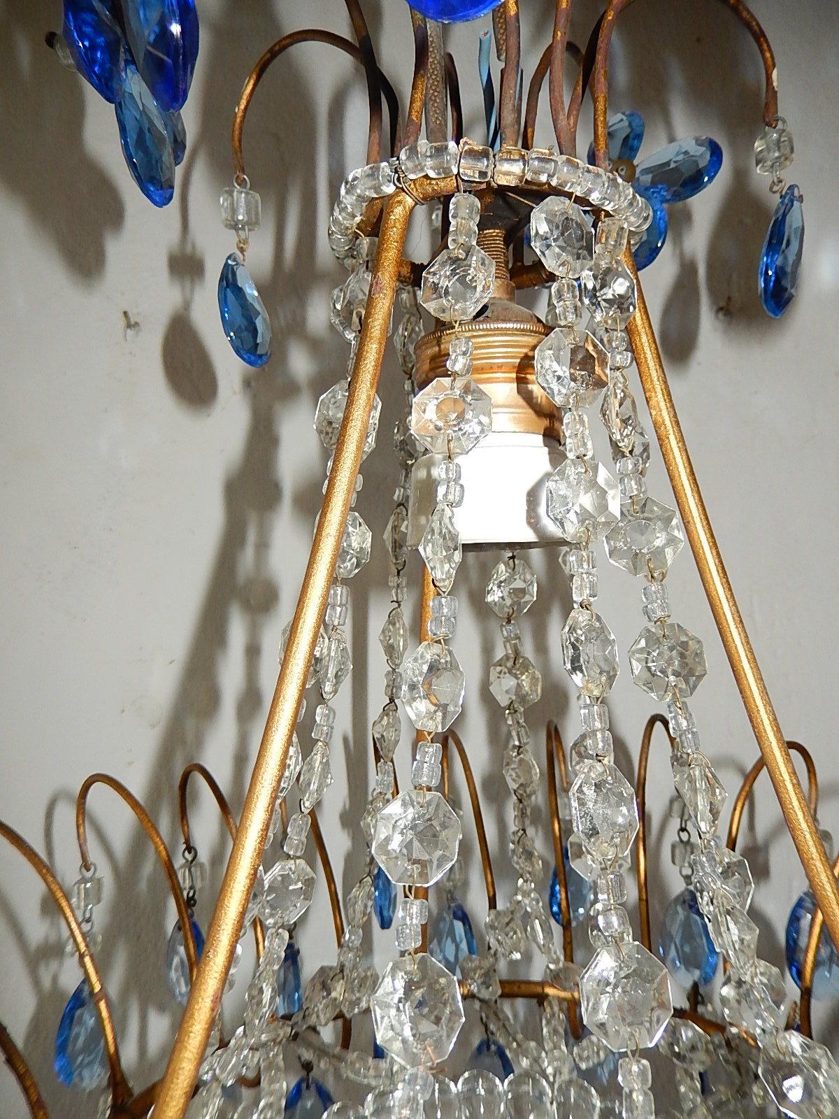 Italian Blue Crystal Prisms with Flowers Chandelier, circa 1920 2