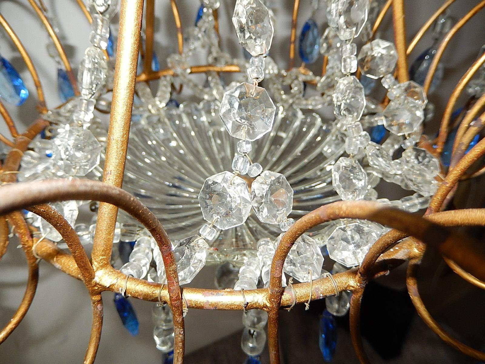 Italian Blue Crystal Prisms with Flowers Chandelier, circa 1920 4