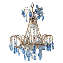 Italian Blue Crystal Prisms with Flowers Chandelier, circa 1920