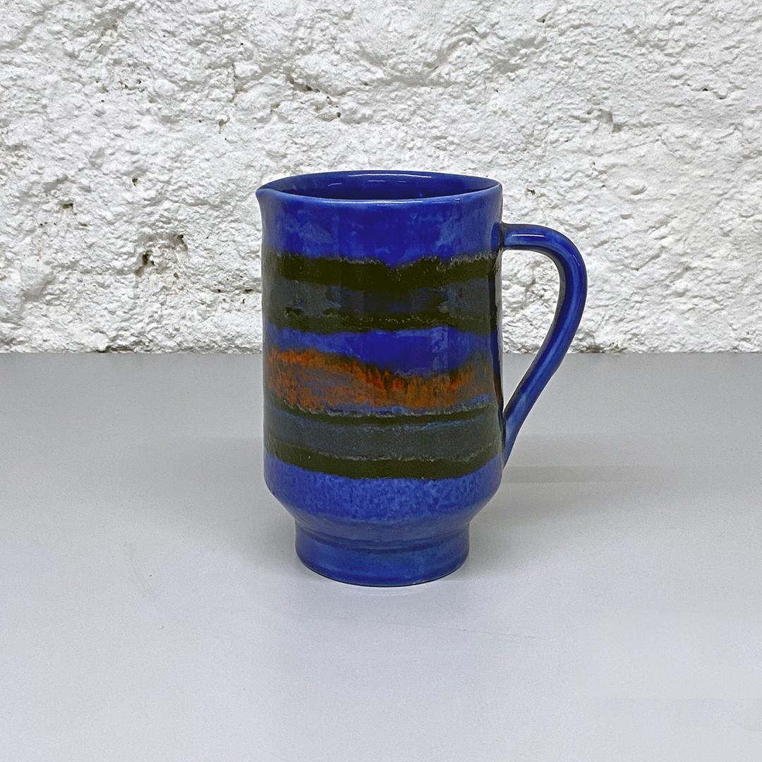Mid-Century Modern Italian Blue Cylindrical Ceramic Jug with Colored Abstract Decoration, 1960s For Sale