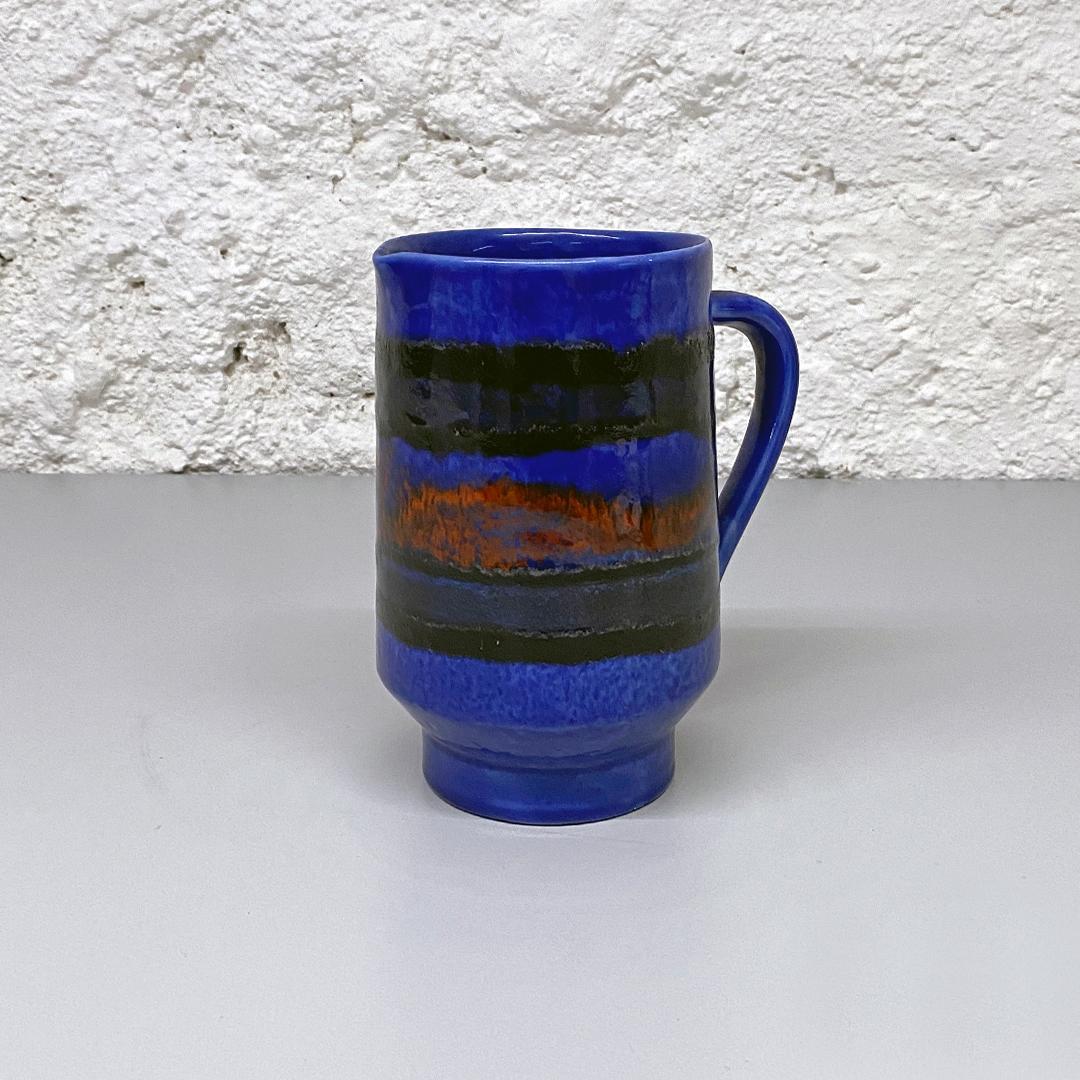 Italian Blue Cylindrical Ceramic Jug with Colored Abstract Decoration, 1960s In Good Condition For Sale In MIlano, IT