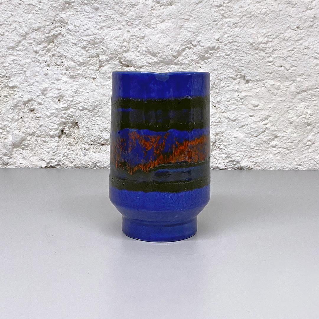 Mid-20th Century Italian Blue Cylindrical Ceramic Jug with Colored Abstract Decoration, 1960s For Sale