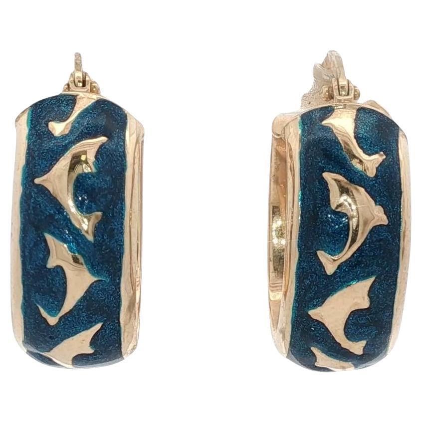 Italian Blue Enamel 14 Karat Yellow Gold DophinOval Hoop Earrings