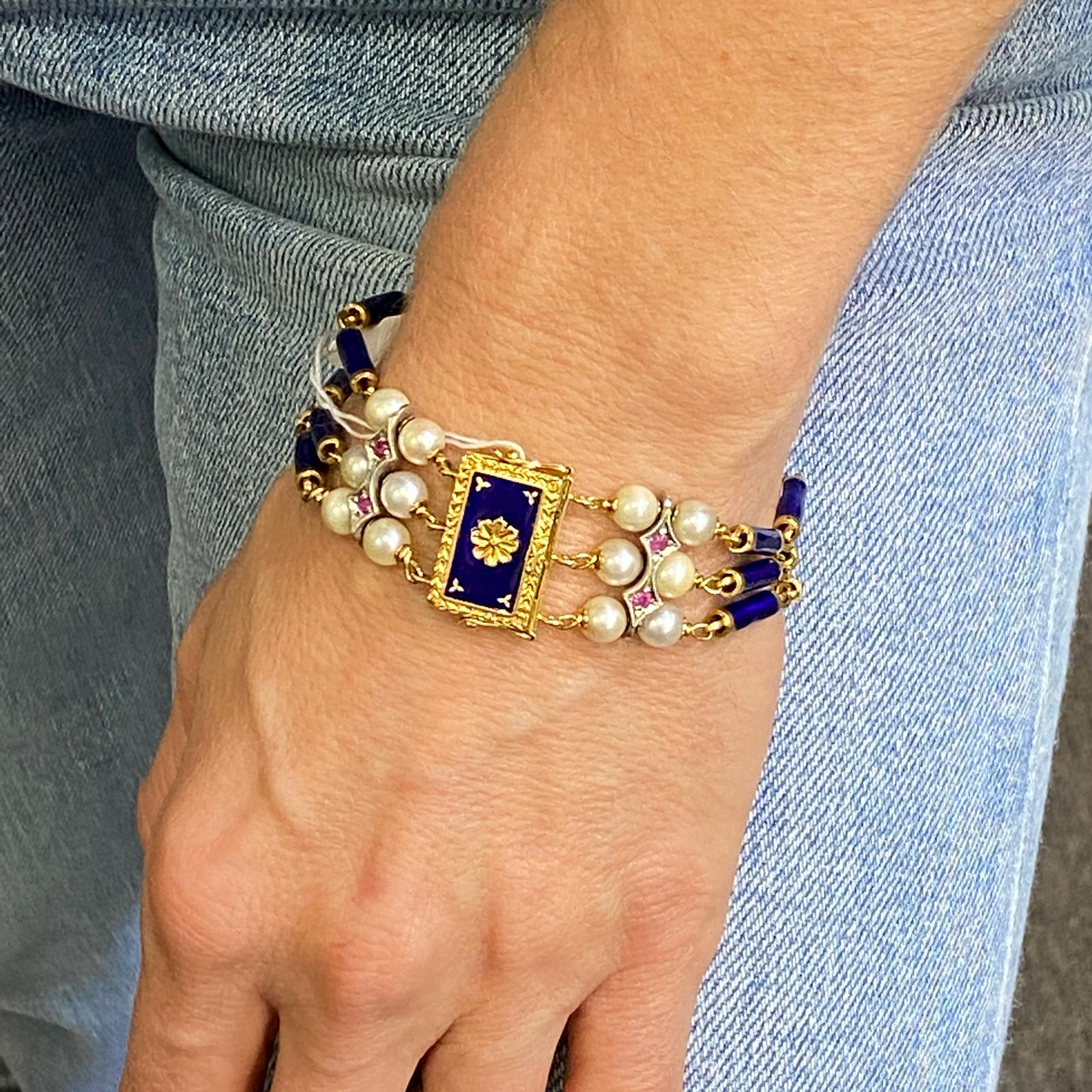 Modern Italian Blue Enamel Pearl Ruby 18 Karat Yellow Gold Three-Row Vintage Bracelet