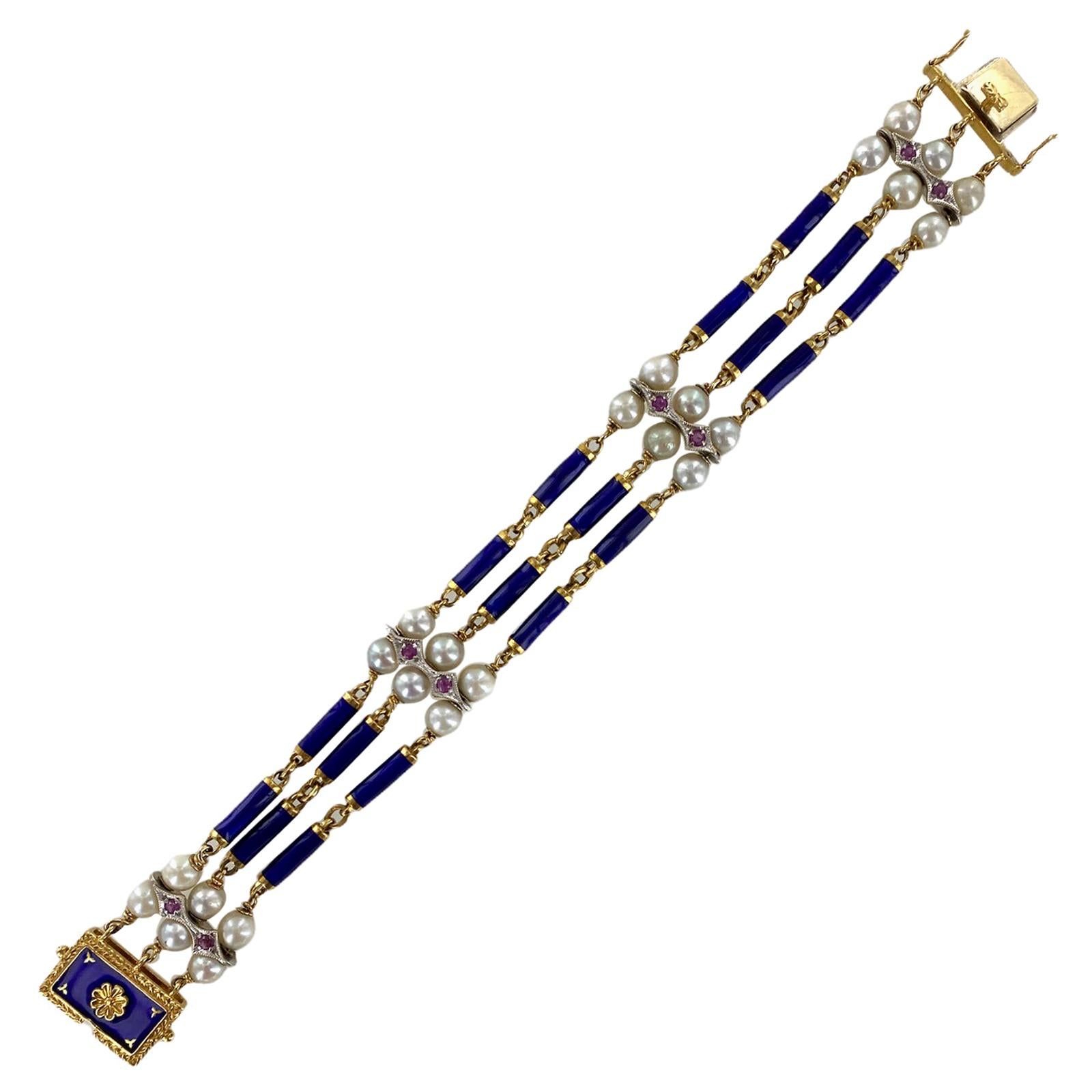 Italian Blue Enamel Pearl Ruby 18 Karat Yellow Gold Three-Row Vintage Bracelet