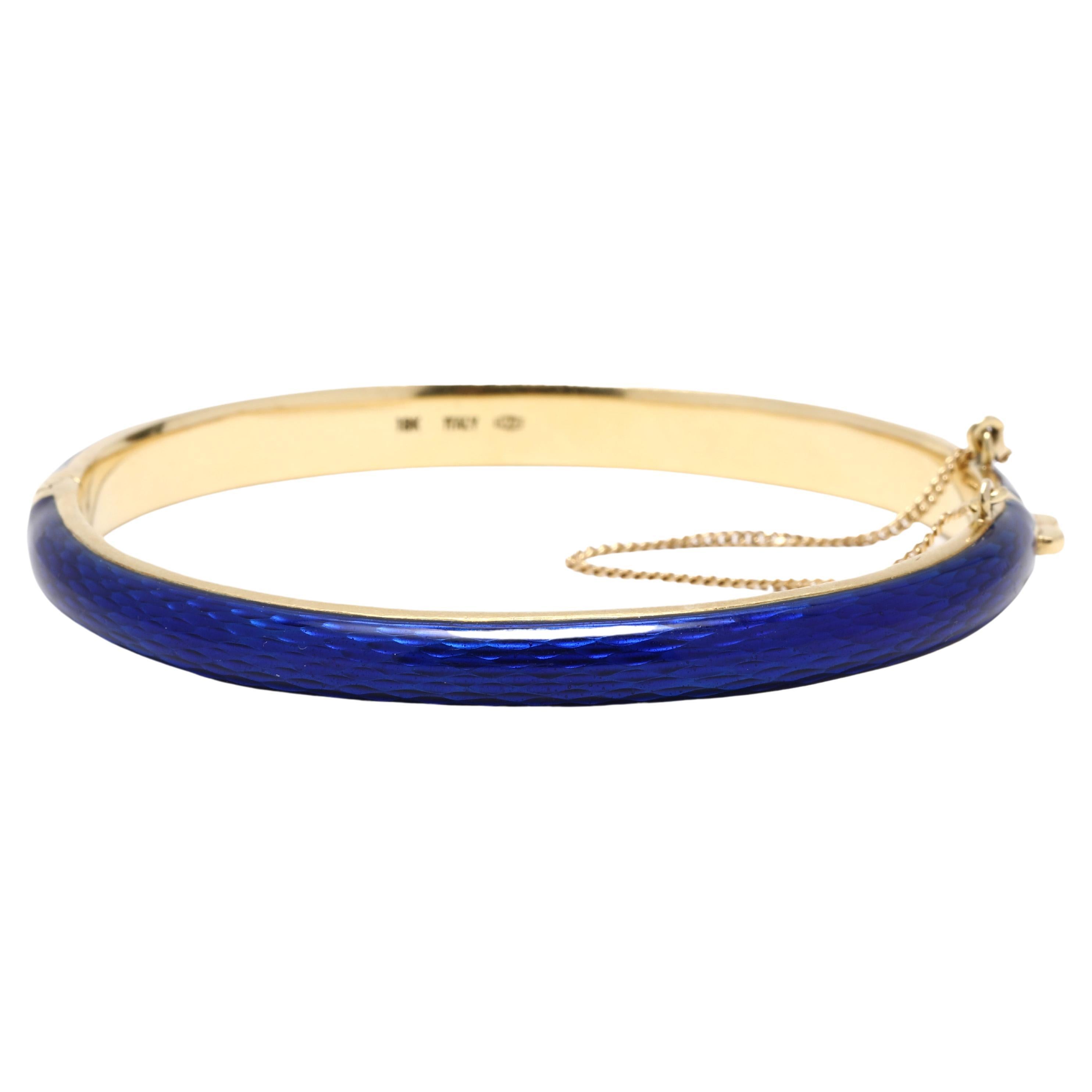Italian Blue Enamel Solid Gold Bangle Bracelet, 18k Yellow Gold For Sale