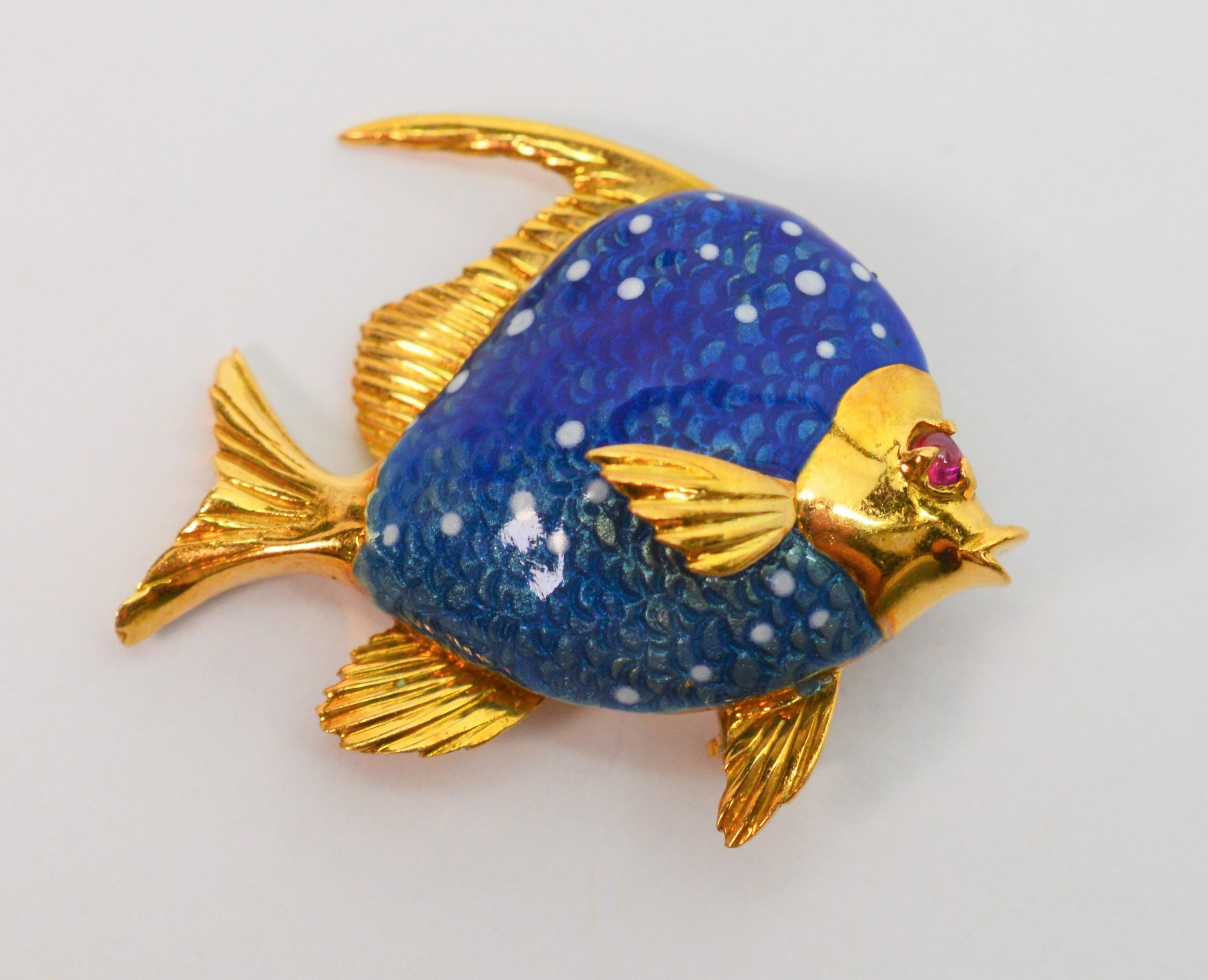Cabochon Italian Blue Enamel Yellow Gold Sun Fish Brooch Pin w Ruby Accent