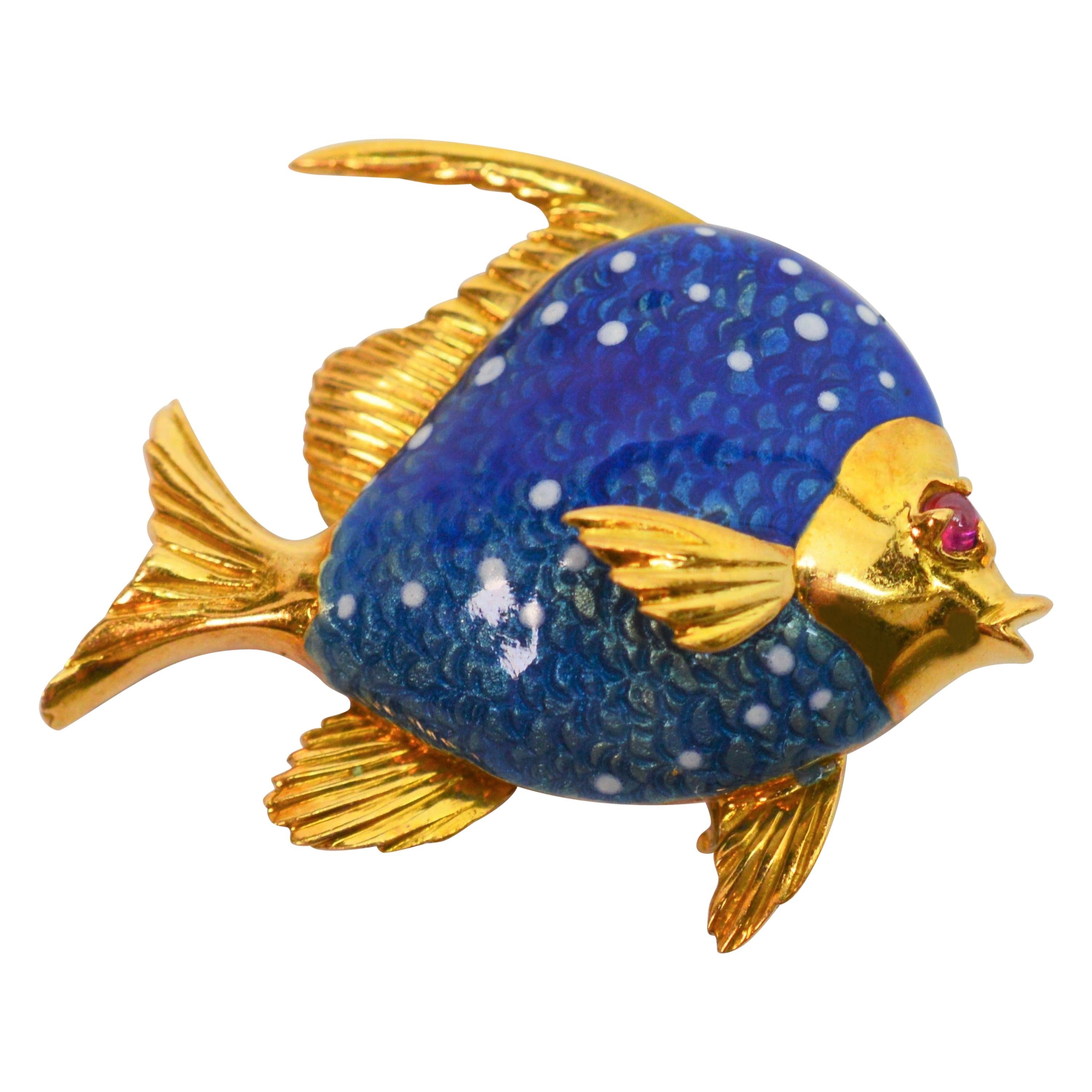 Italian Blue Enamel Yellow Gold Sun Fish Brooch Pin w Ruby Accent