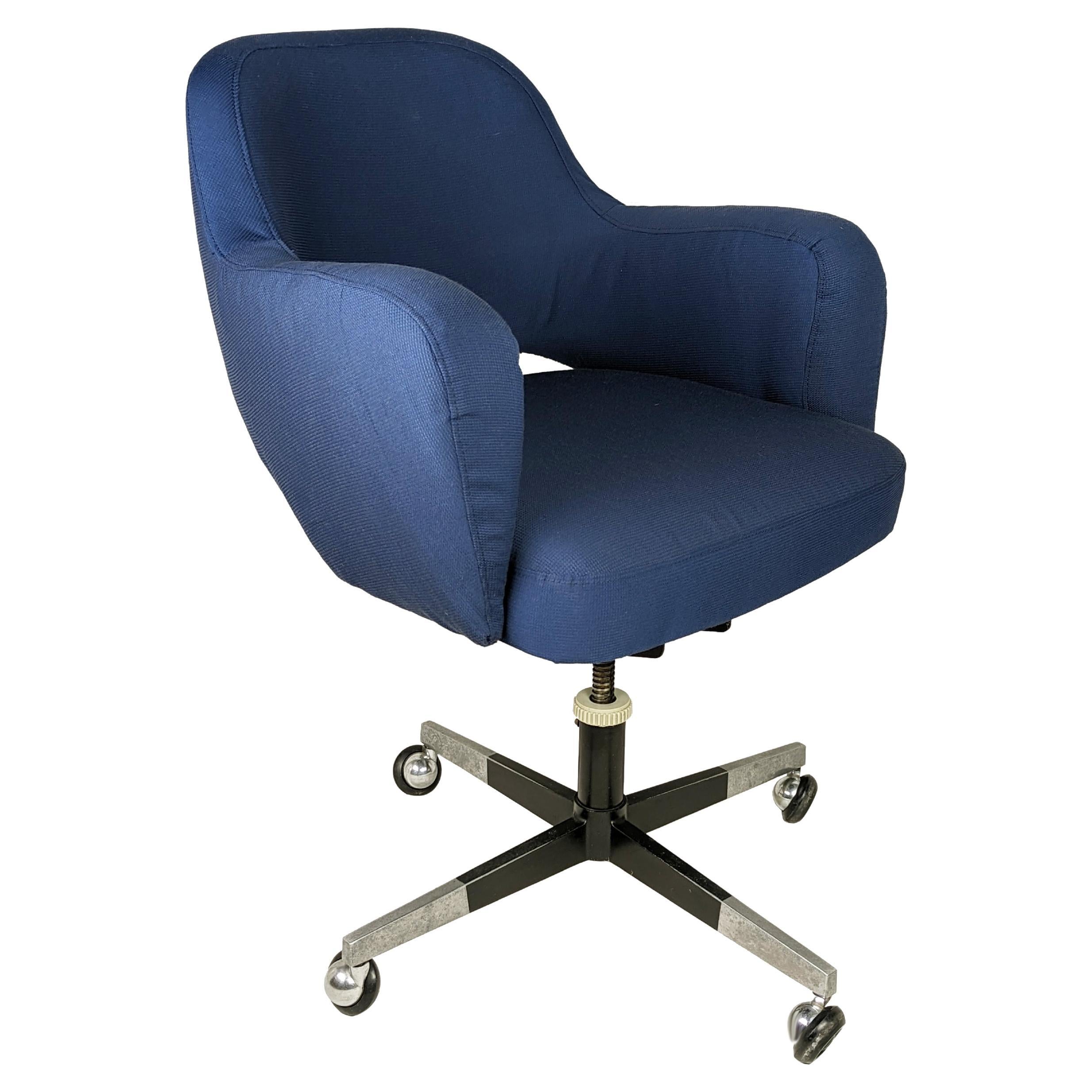 Italian blue fabric and Metal Wheeled Office Chair, 1960-70s For Sale