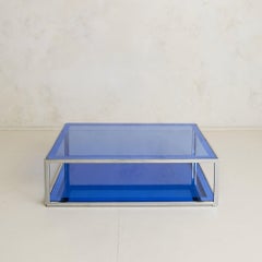 Italian Blue Glass + Chrome Coffee Table Attributed to Cristal Arte, 1970s