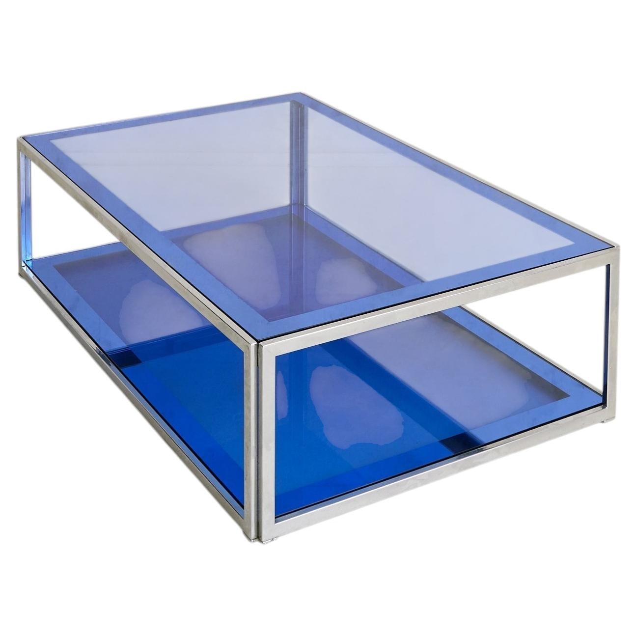Italian Blue Glass + Chrome Coffee Table Attributed to Cristal Arte, 1970s