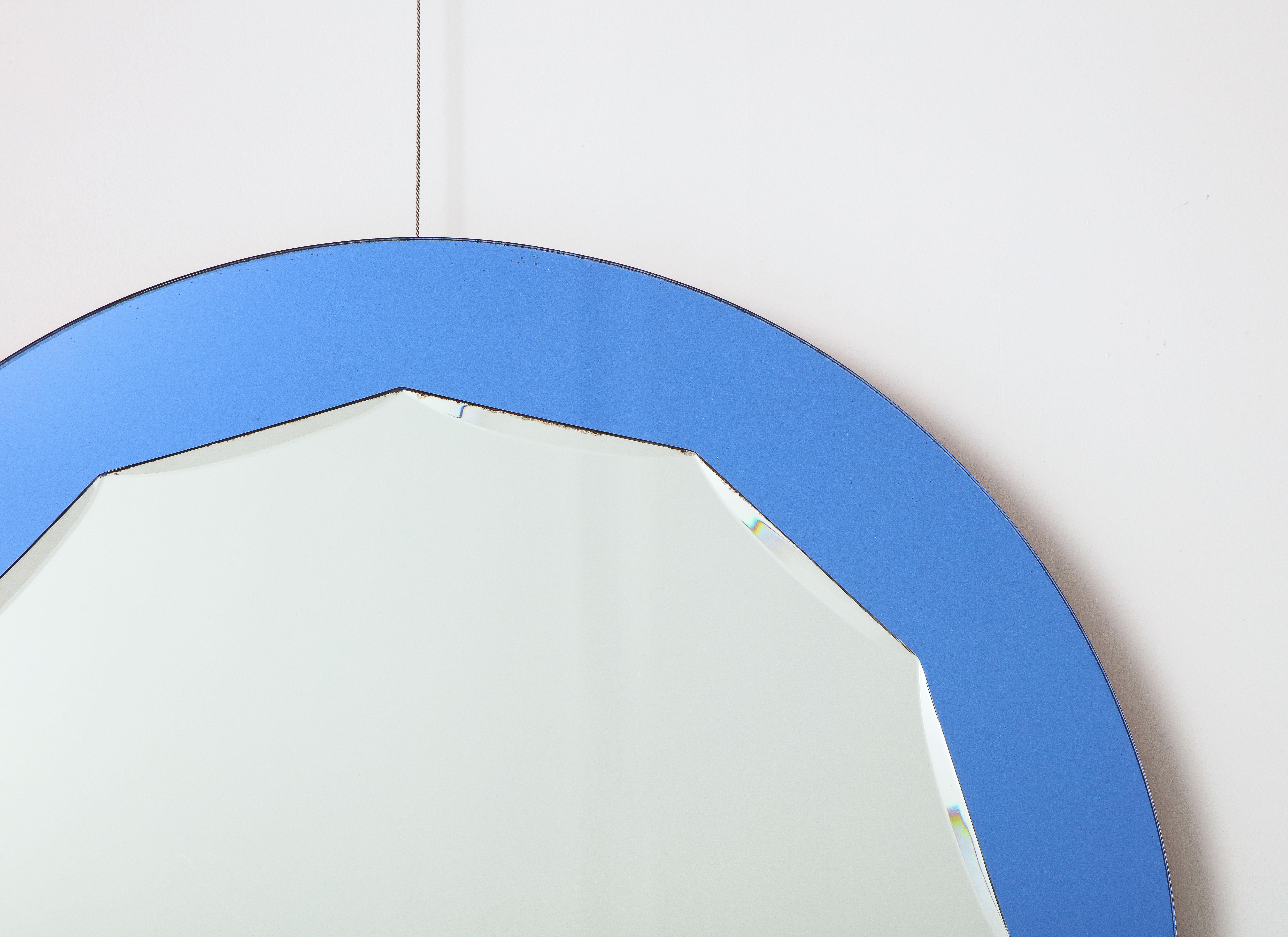 Mid-Century Modern Italian Blue Glass Circular Mirror, 1950's  For Sale