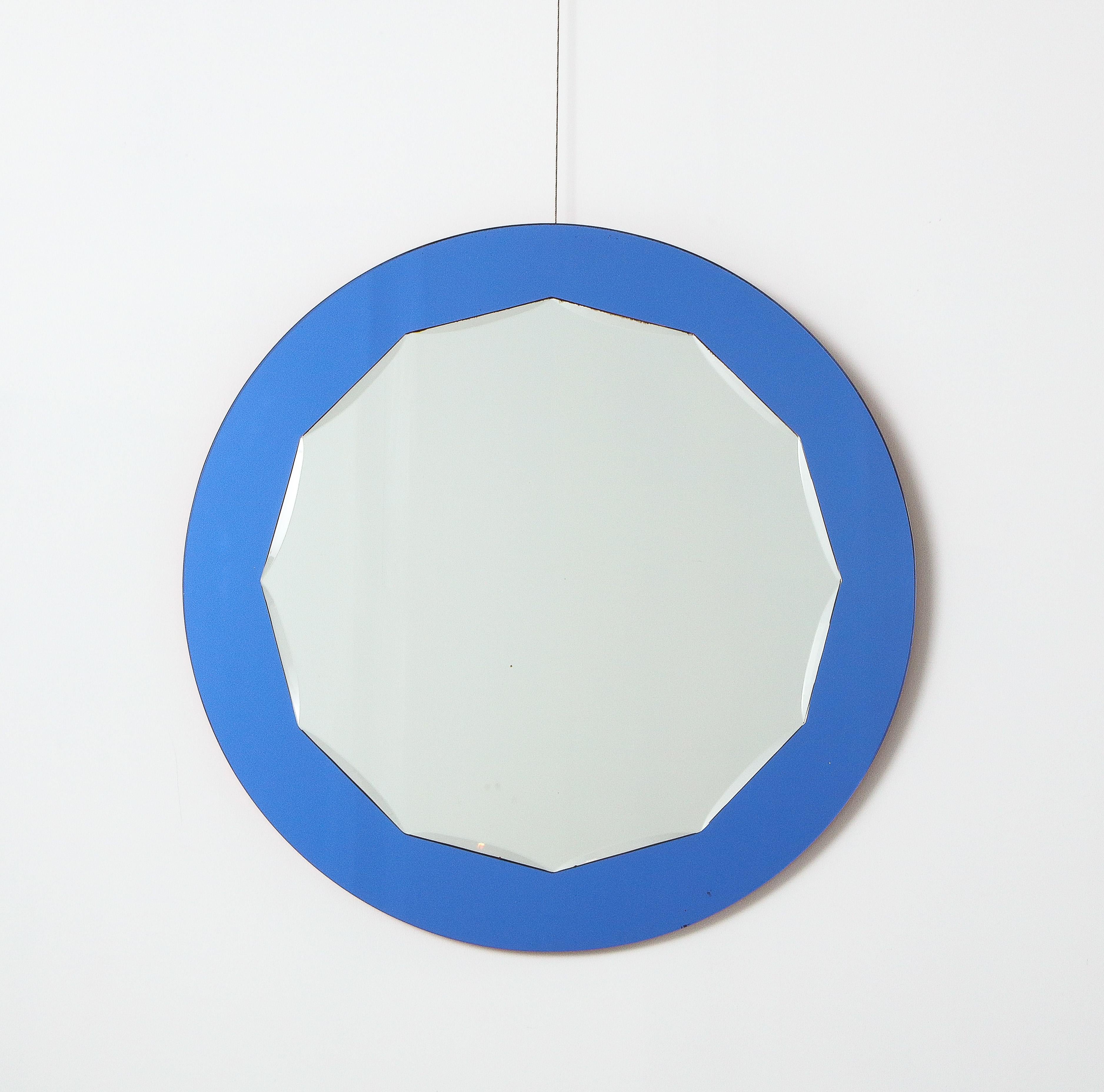 Italian Blue Glass Circular Mirror, 1950's  In Good Condition For Sale In New York, NY
