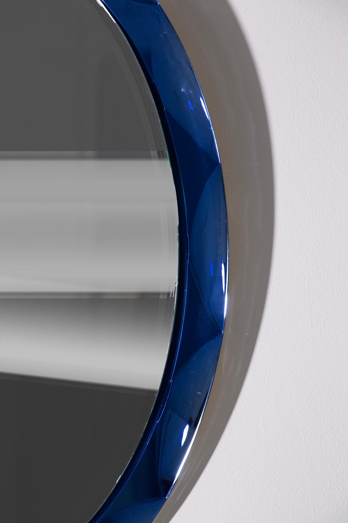 Mid-Century Modern Italian blue glass wall mirror by MetalVetro, Label For Sale
