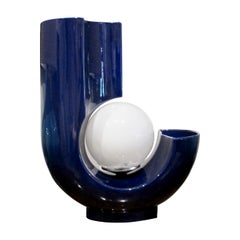Italian Blue Glazed Ceramic Table Lamp with Opal Globe and Vase Detail, 1970s