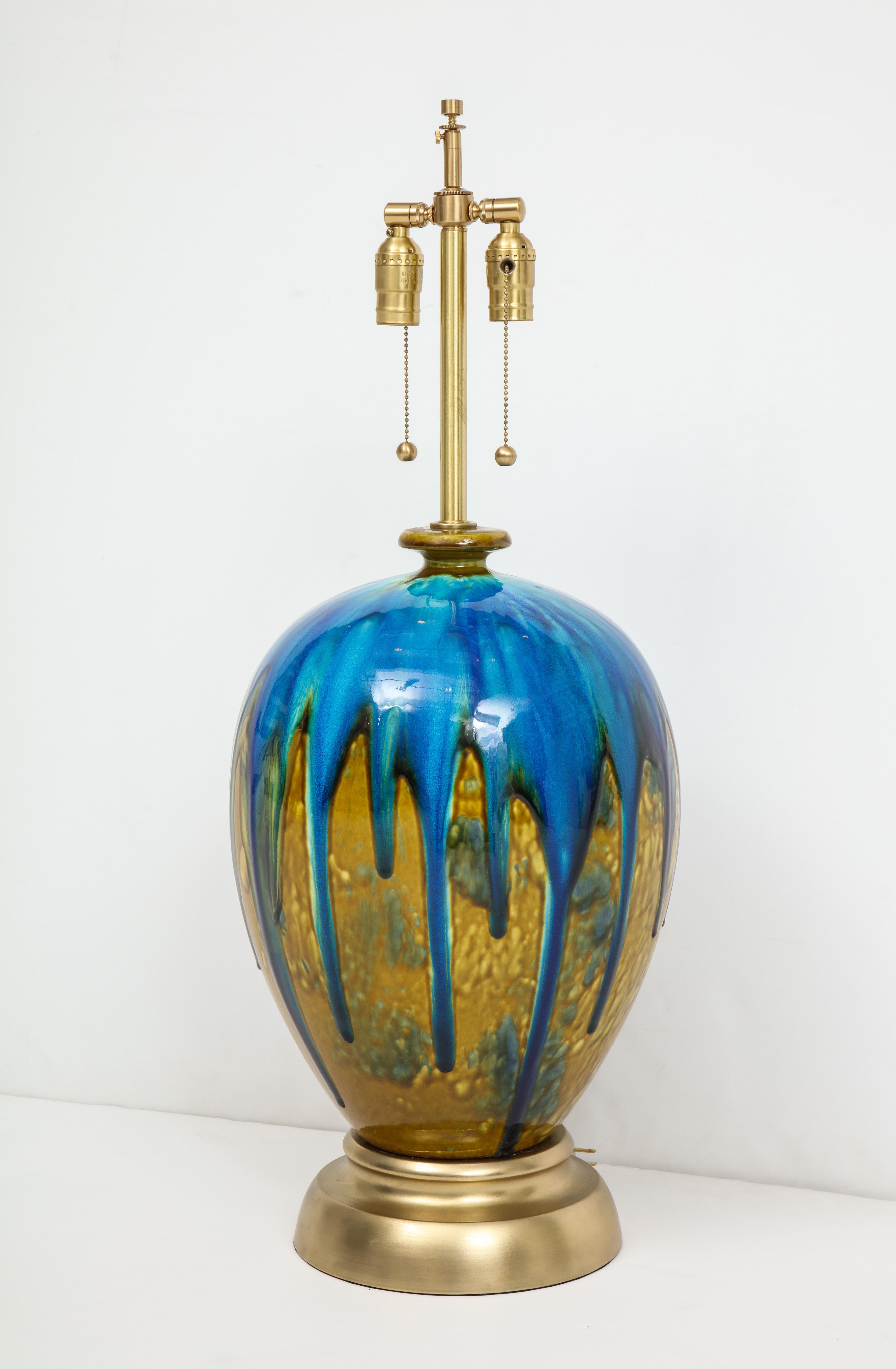 Mid-Century Modern Italian Blue, Green Drip Glaze Lamps