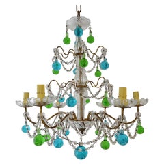 Italian Blue & Green Murano Drops Macaroni Crystal Chandelier, circa 1920