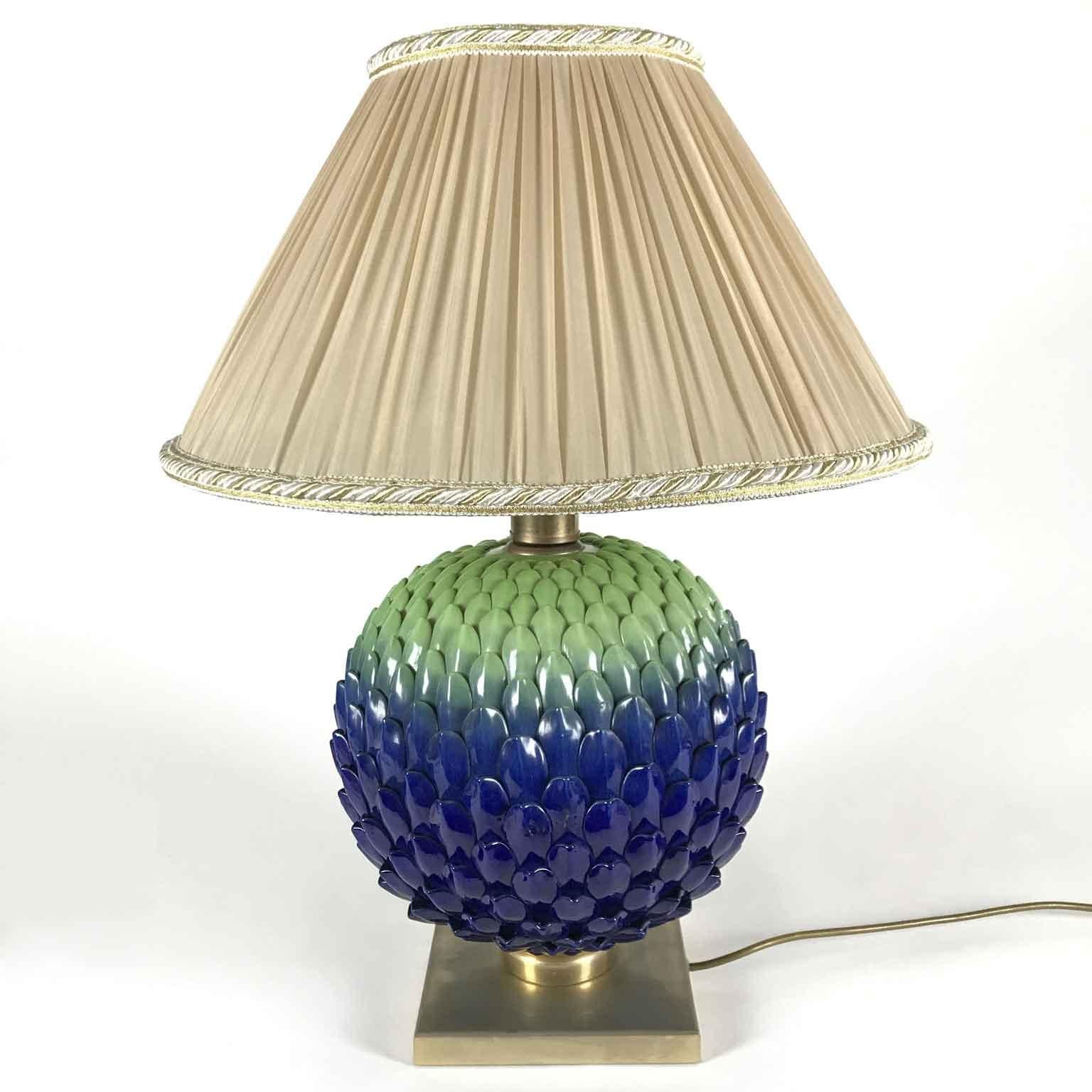 Hand-Painted Italian Blue Green Pine Cone Florentine Table Lamp by Mangani 1980s For Sale