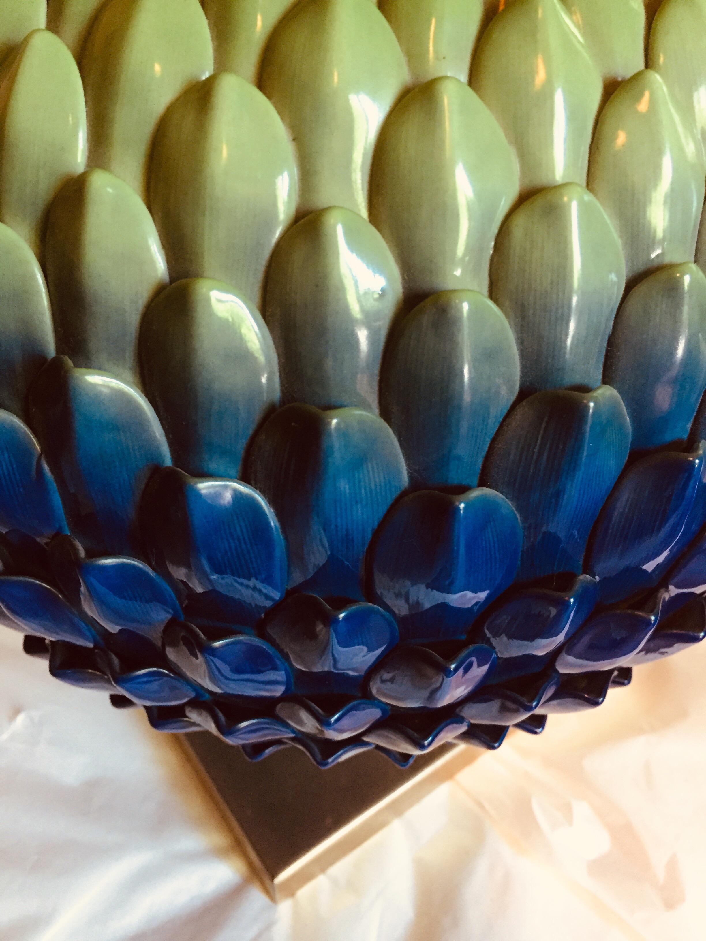 Brass Italian Blue Green Pine Cone Florentine Table Lamp by Mangani 1980s For Sale