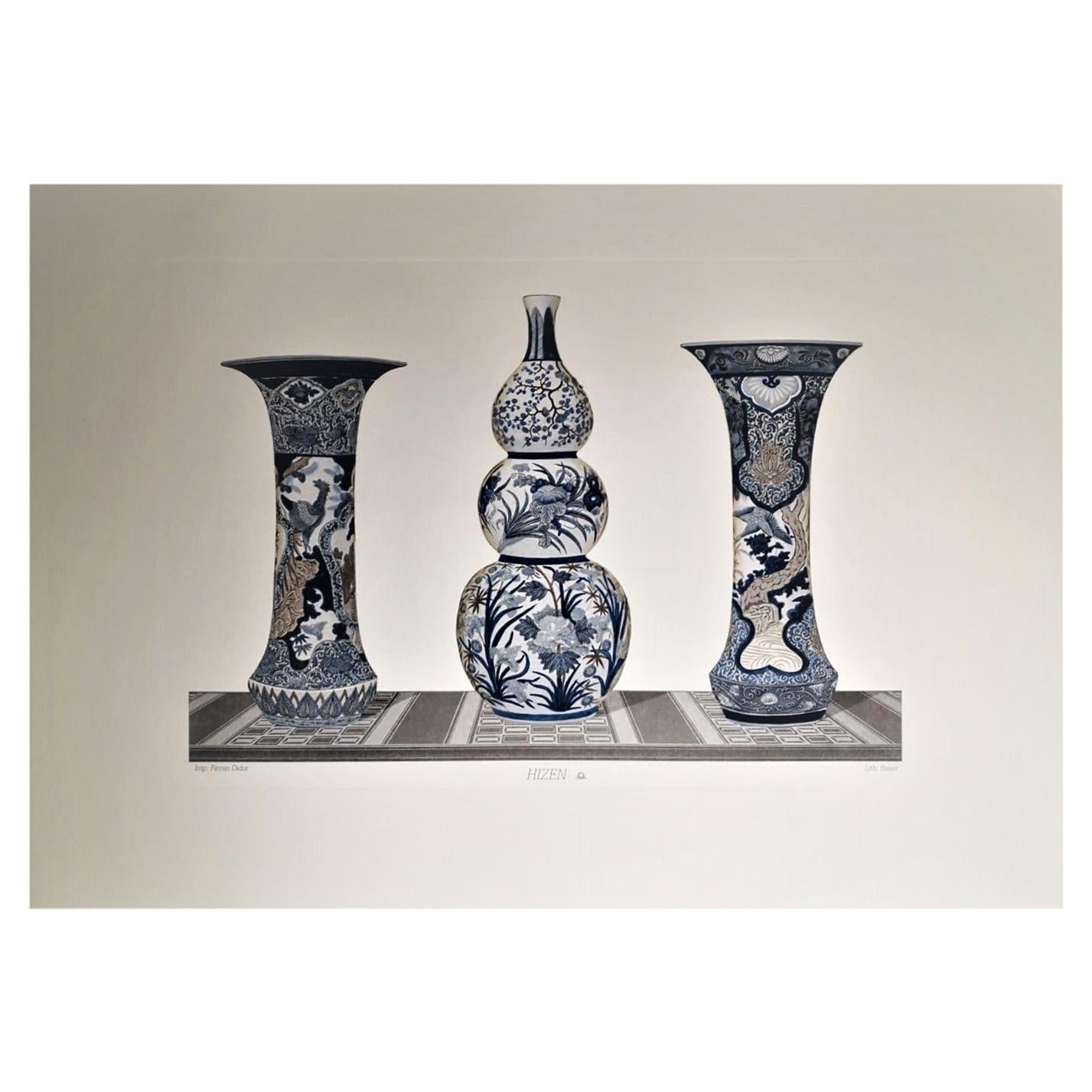 Impression japonaise de vases "HIZEN" peints à la main en bleu, gris et blanc