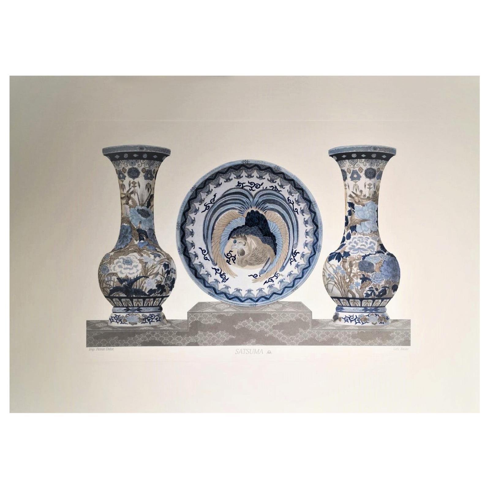 Italian Blue Grey and White Hand Painted Japanese Satsuma Vases and Plate Print For Sale