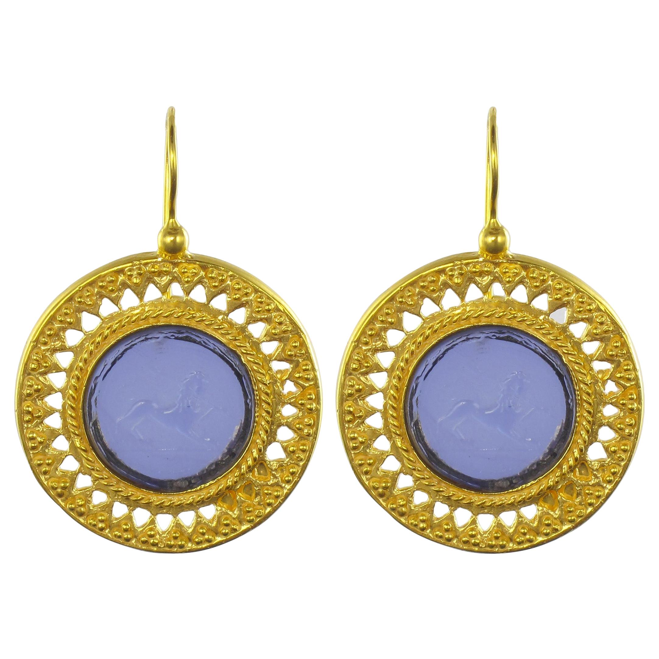 Italian Blue Intaglio Vermeil Drop Earrings