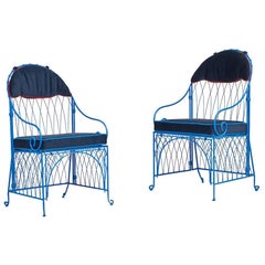 Italian Blue Iron Folding Chairs with Velvet Seat and Bikini Top Upholstery