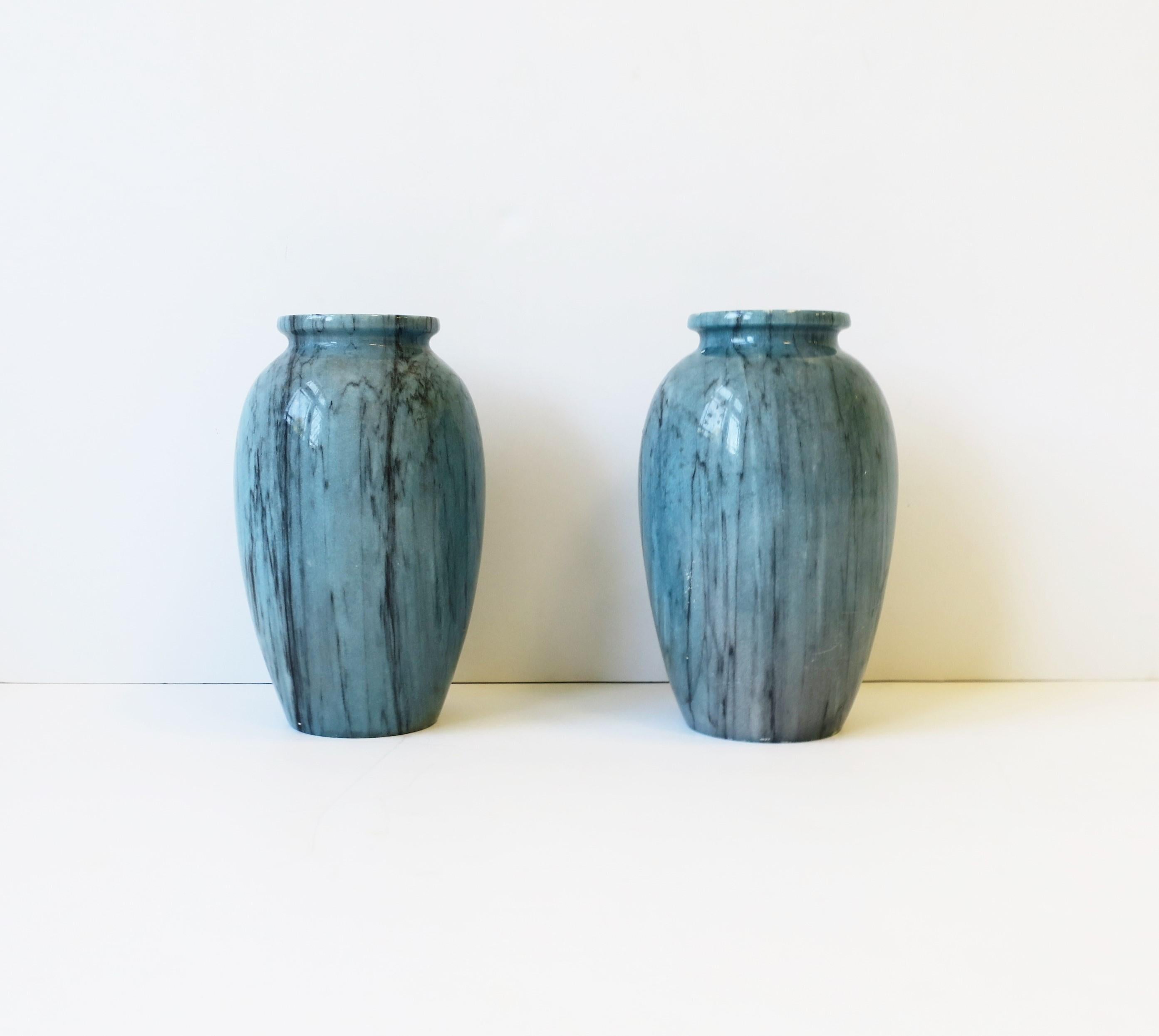 Modern Italian Blue Marble Urns Vases, Pair For Sale