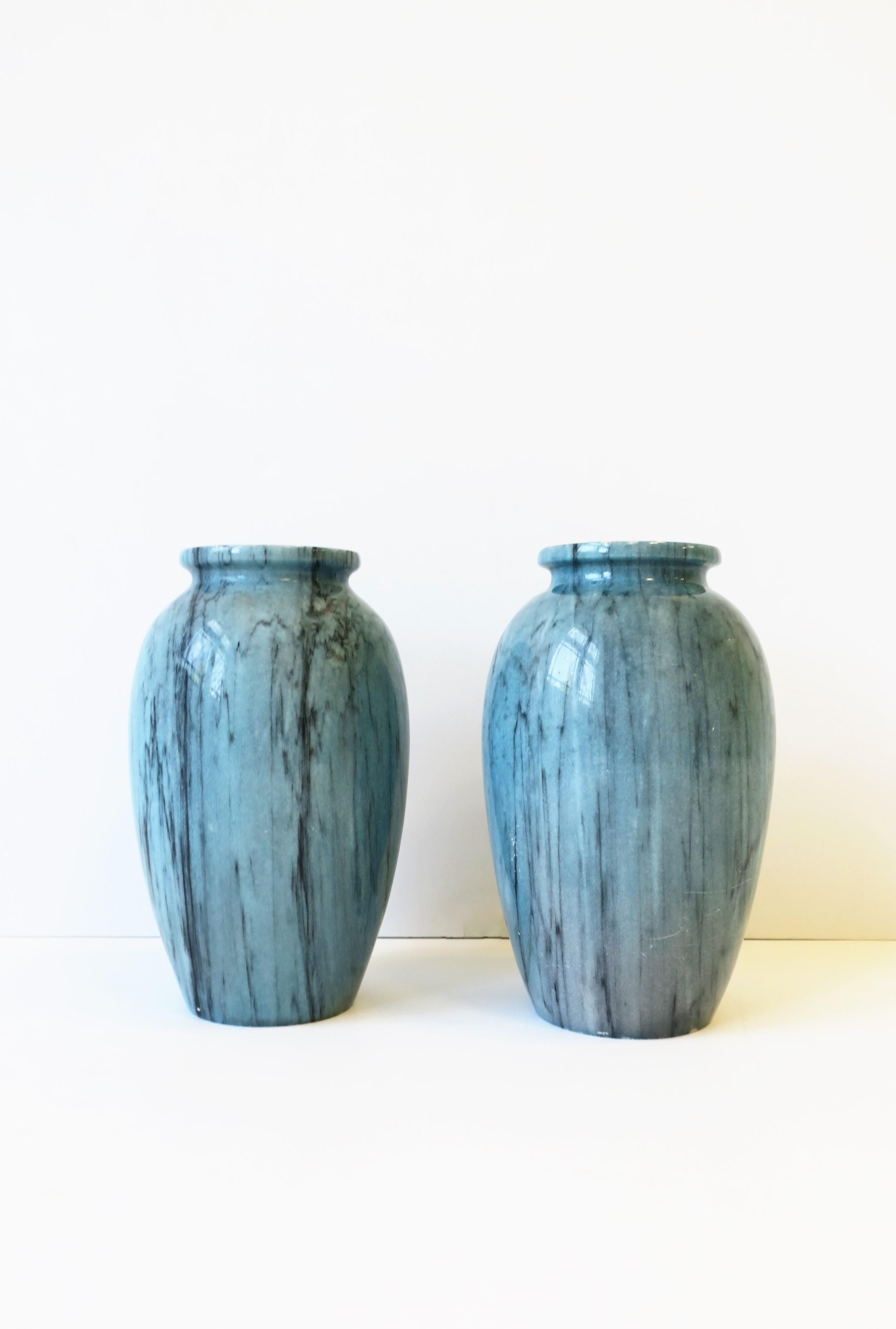 Polished Italian Blue Marble Urns Vases, Pair For Sale