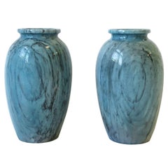 Vintage Italian Blue Marble Urns Vases, Pair