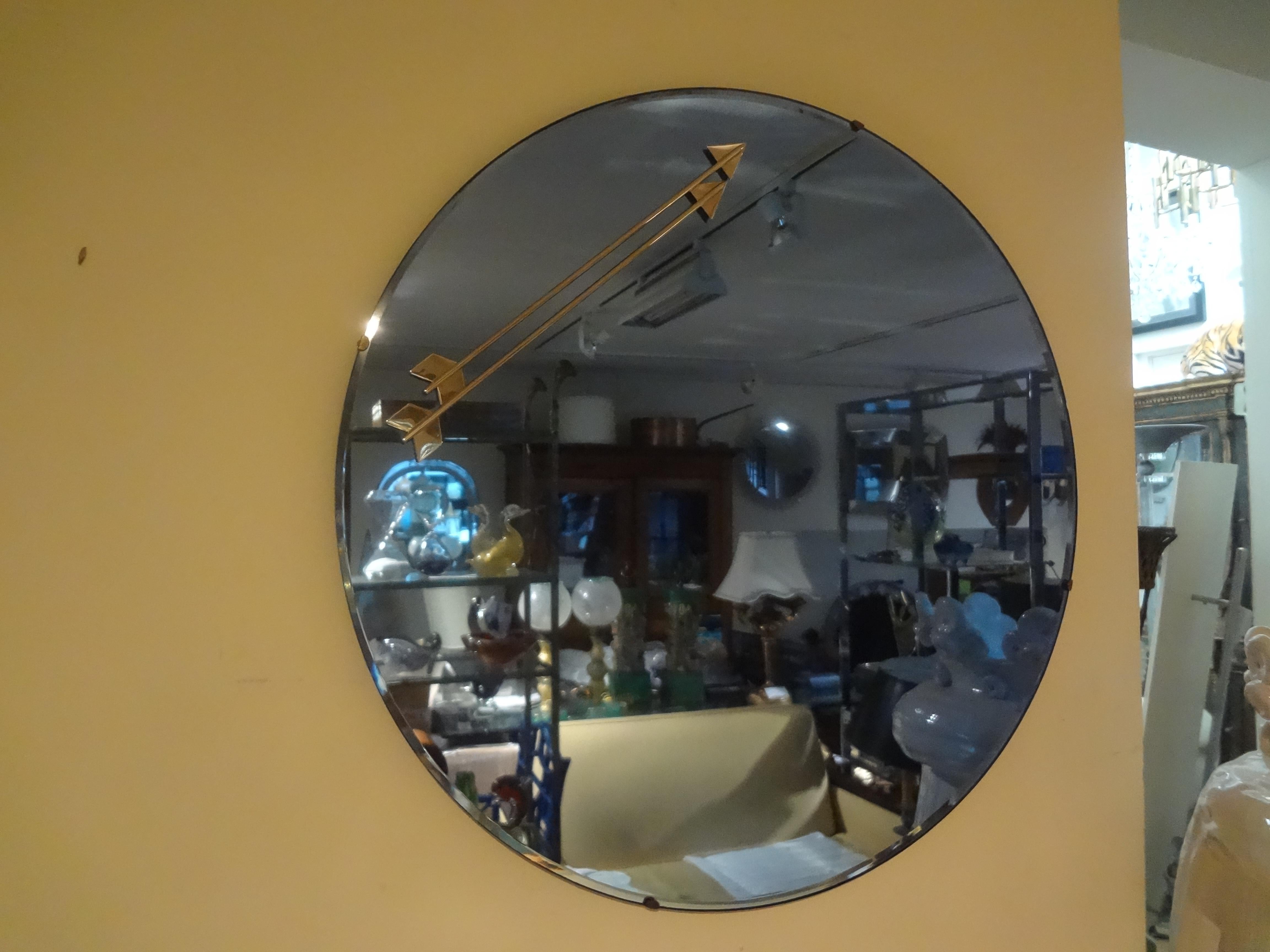 Mid-20th Century Italian Blue Mirror With Double Arrow Accents After Fontana Arte For Sale