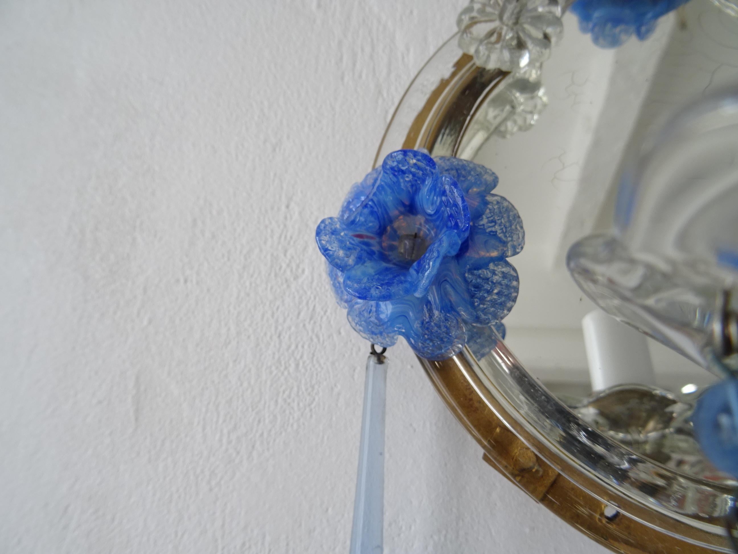 Italian Blue Murano Flowers & Drops Mirrors Sconces, circa 1920 5