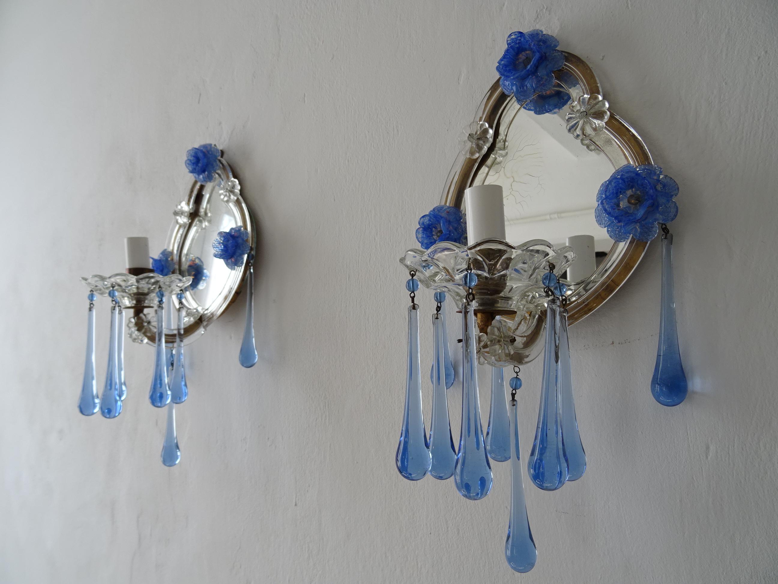 Italian Blue Murano Flowers & Drops Mirrors Sconces, circa 1920 In Good Condition In Modena (MO), Modena (Mo)