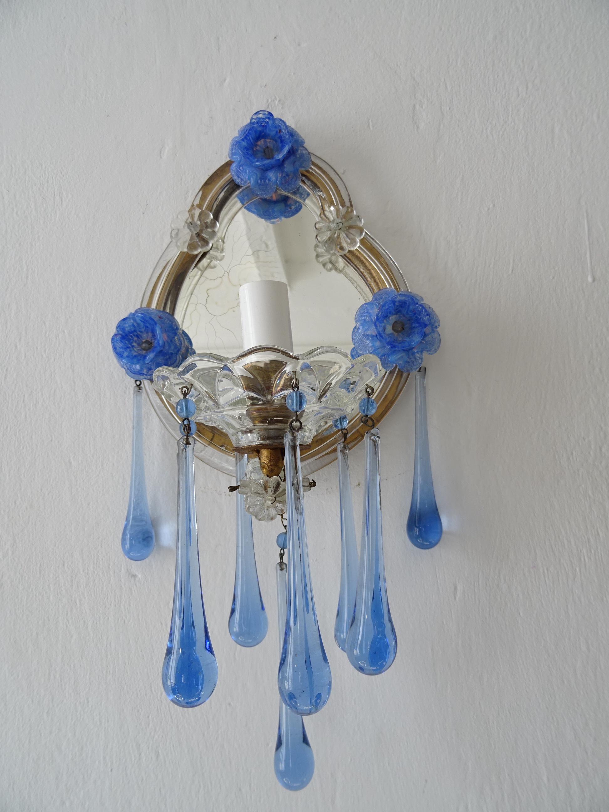 Early 20th Century Italian Blue Murano Flowers & Drops Mirrors Sconces, circa 1920