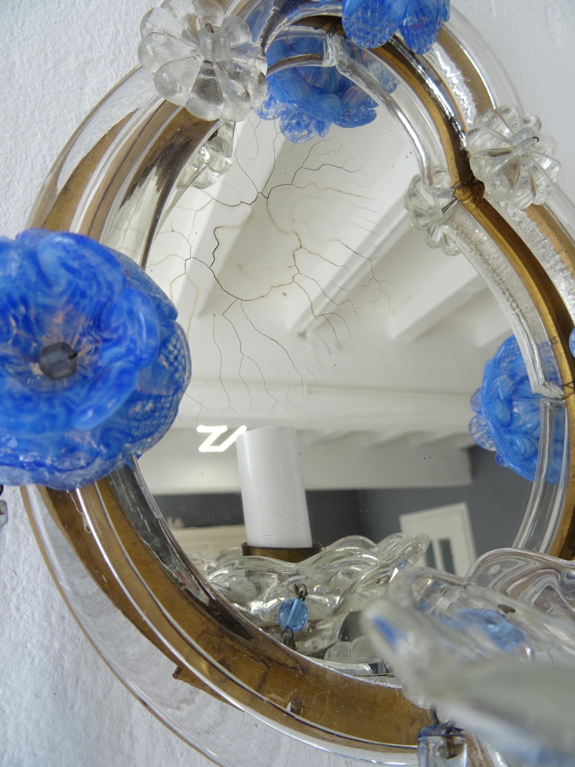 Crystal Italian Blue Murano Flowers & Drops Mirrors Sconces, circa 1920