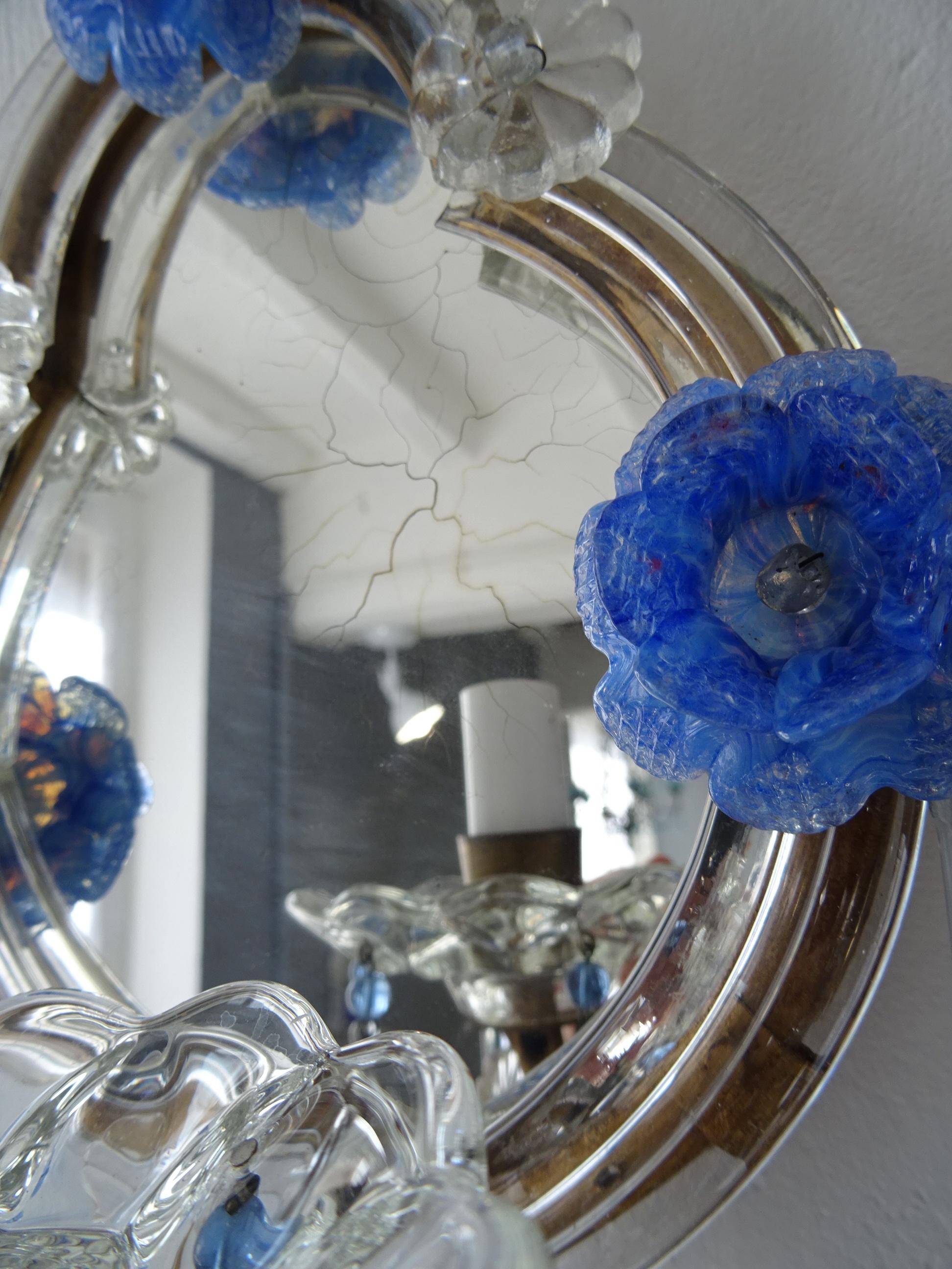 Italian Blue Murano Flowers & Drops Mirrors Sconces, circa 1920 1