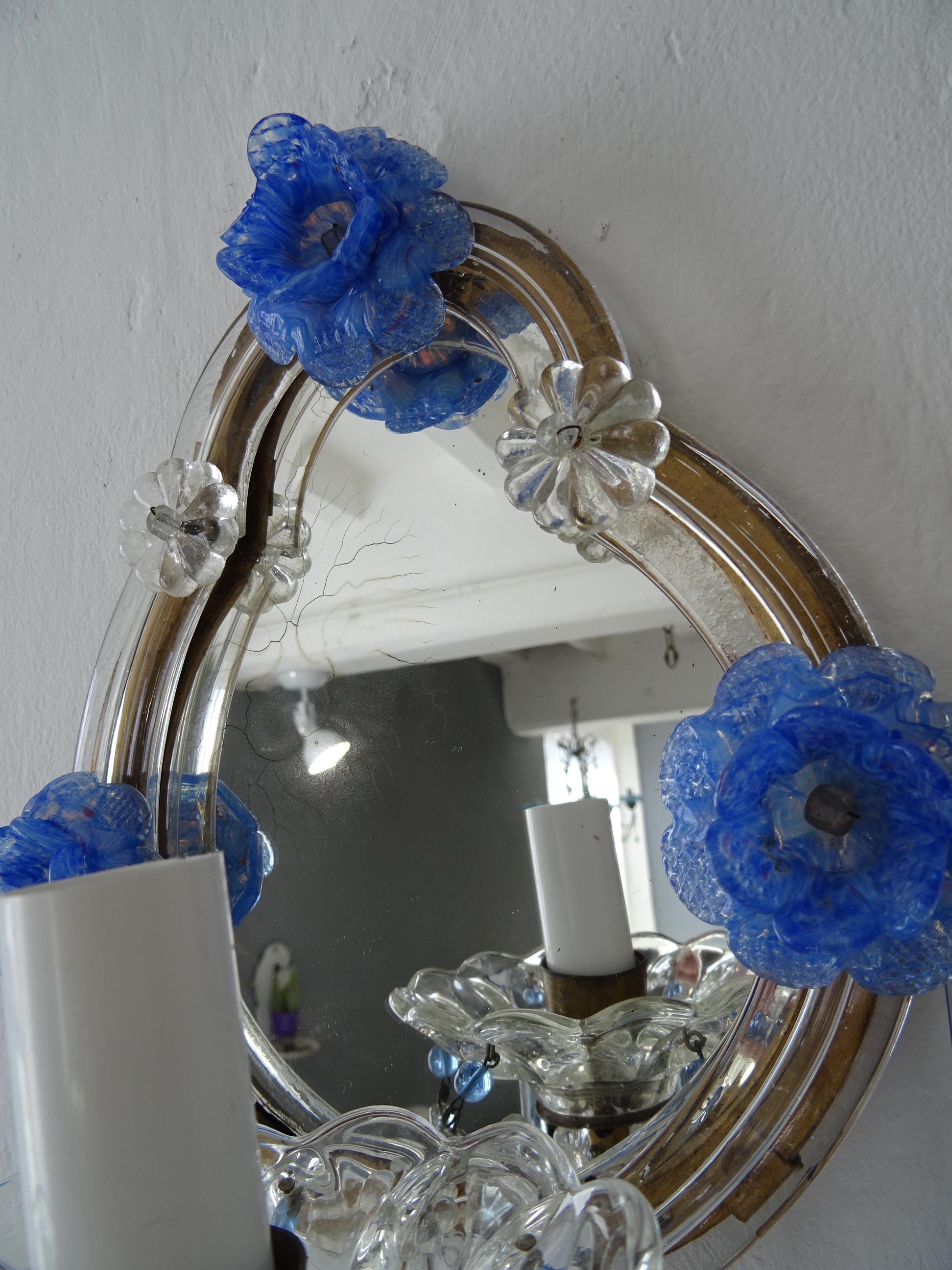 Italian Blue Murano Flowers & Drops Mirrors Sconces, circa 1920 2