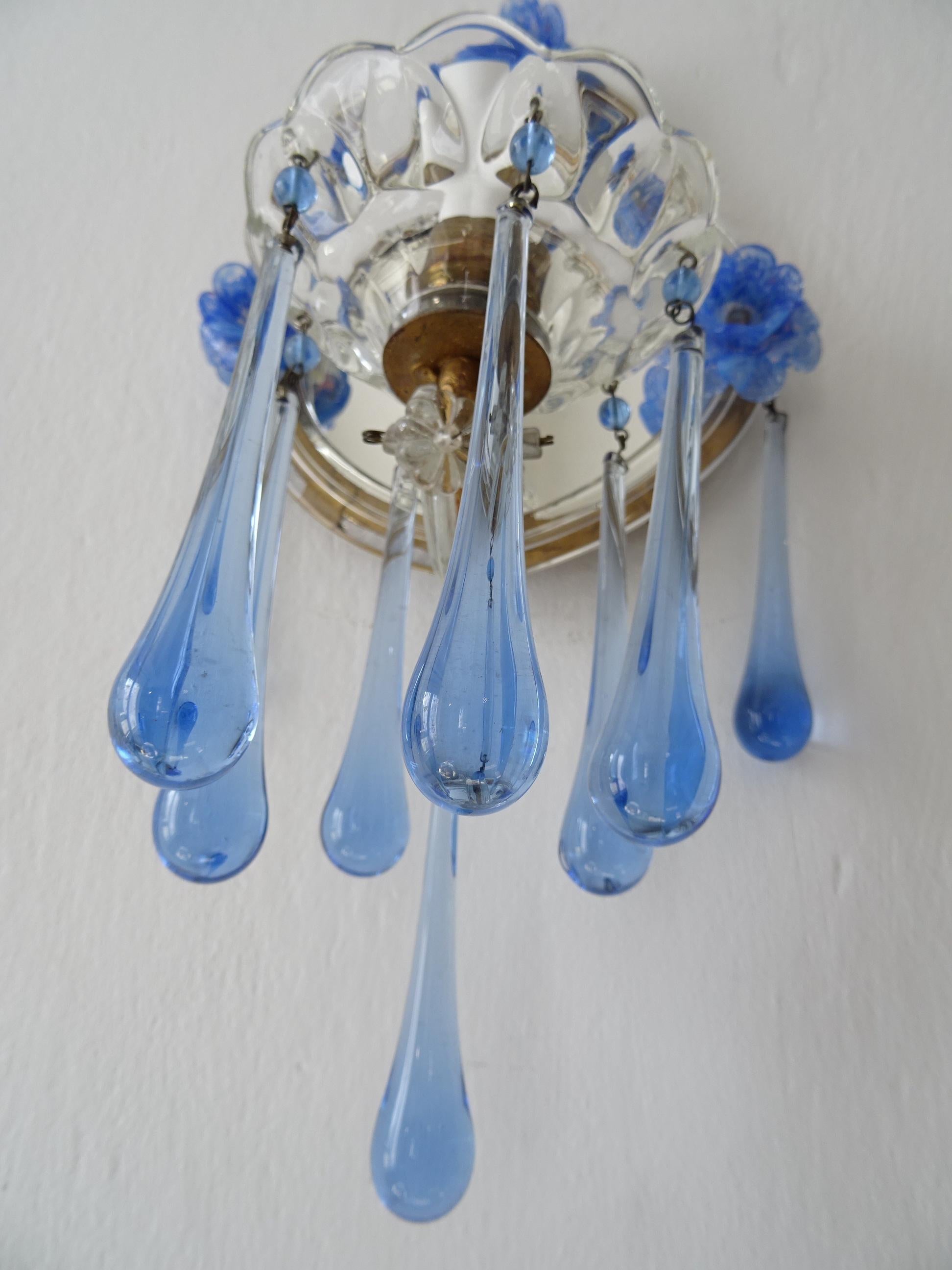 Italian Blue Murano Flowers & Drops Mirrors Sconces, circa 1920 3
