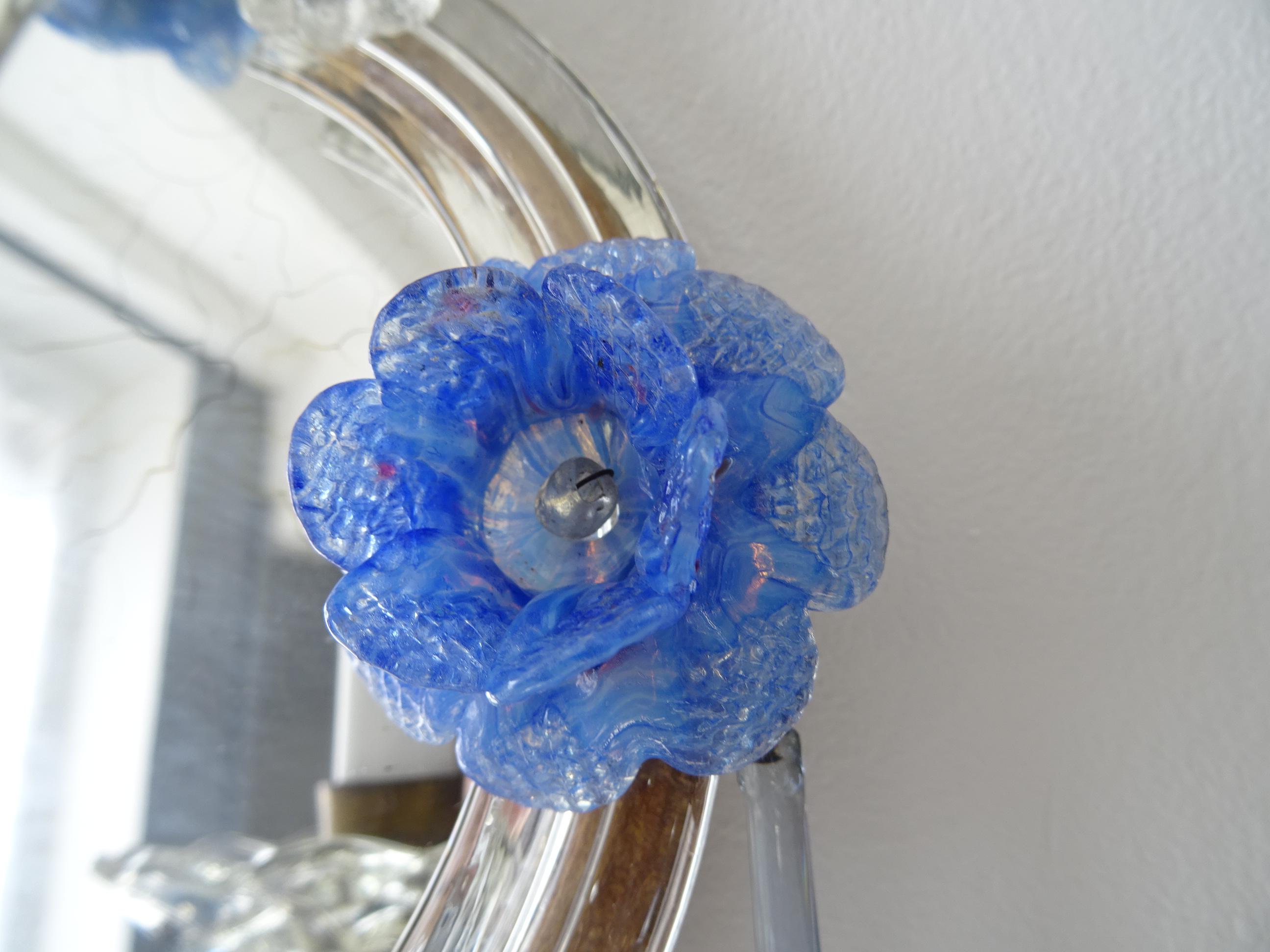 Italian Blue Murano Flowers & Drops Mirrors Sconces, circa 1920 4