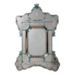 Miroir italien en verre de Murano bleu, gravé à l'acide, Ongaro e Fuga