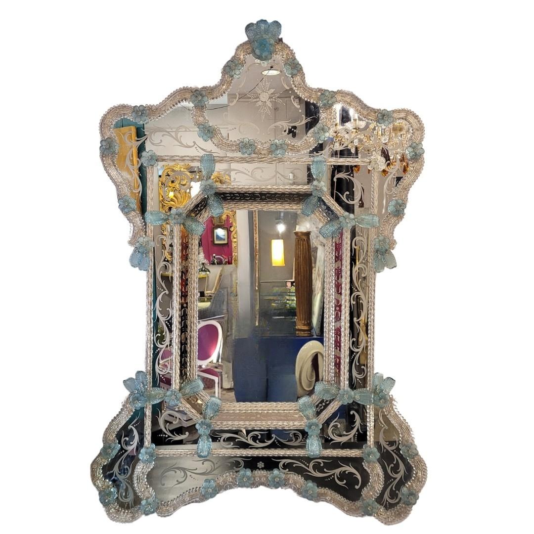 Italienischer blauer Murano-Glasspiegel, geätzt, Ongaro e Fuga (Barock) im Angebot