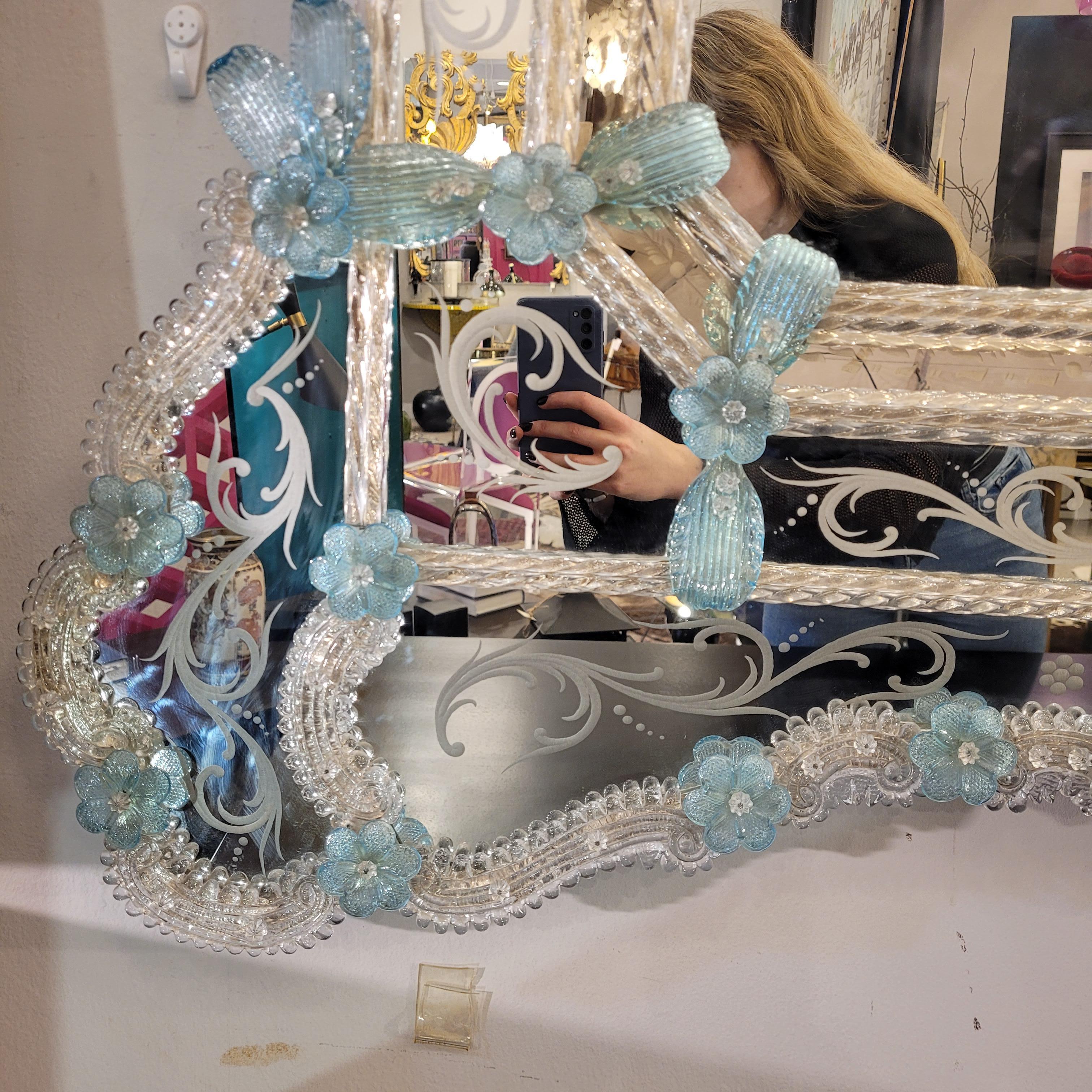Italienischer blauer Murano-Glasspiegel, geätzt, Ongaro e Fuga im Angebot 1