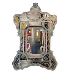 Italian blue Murano glass mirror, acid etched, Ongaro e Fuga