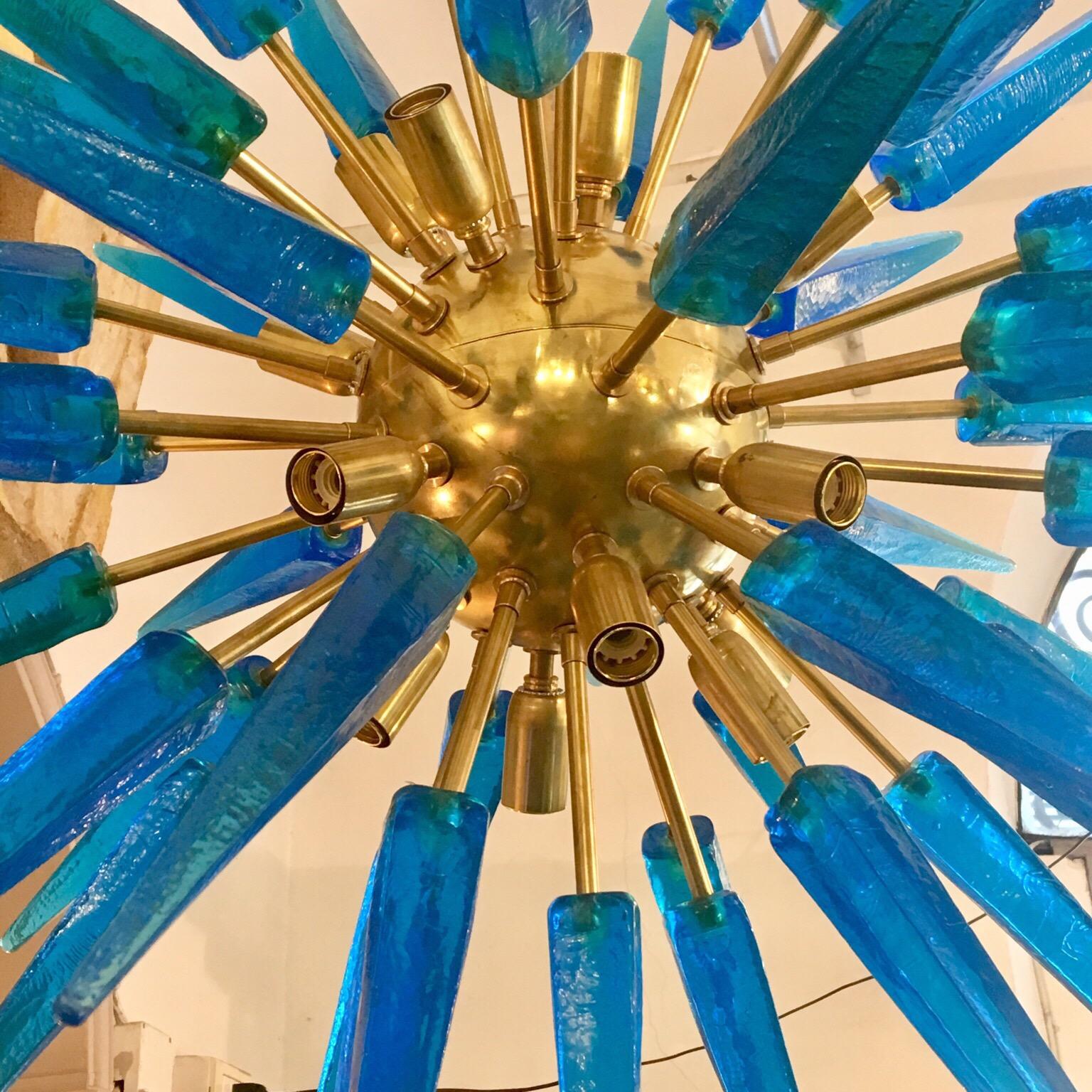 Italian Blue Murano Glass Sputnik Chandelier Brass Structure, 1970s 2