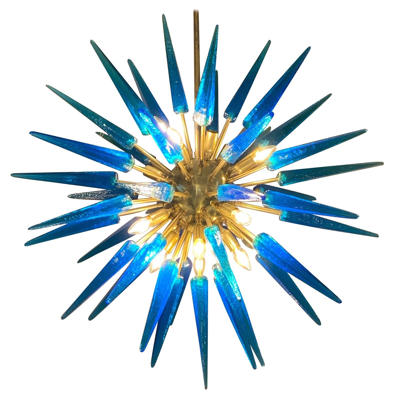 Italian Blue Murano Glass Sputnik Chandelier Brass Structure, 1970s